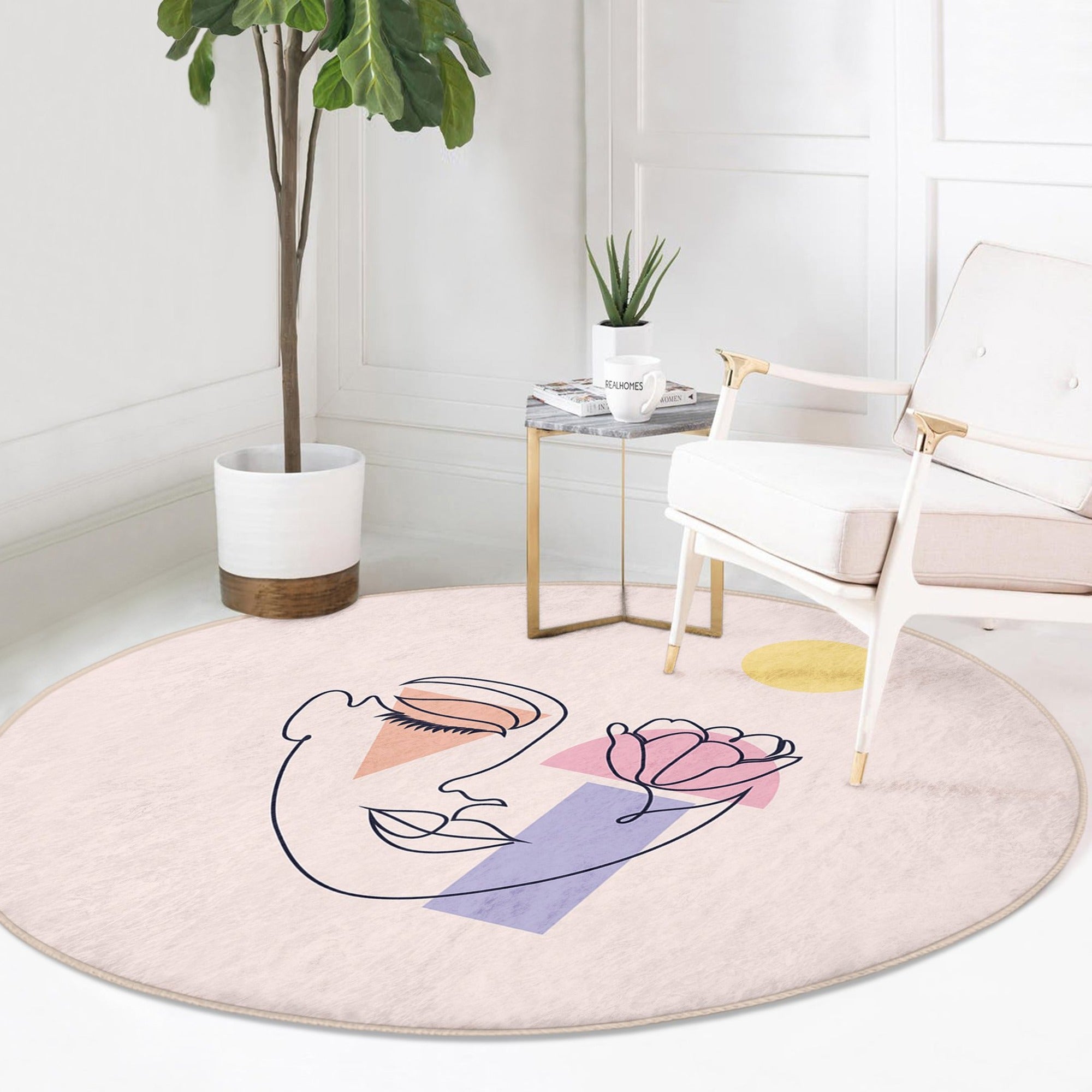 Chic Minimalist Face Pattern Round Rug featuring a stylish face design, made from soft velvet fabric, perfect for modern home decor.