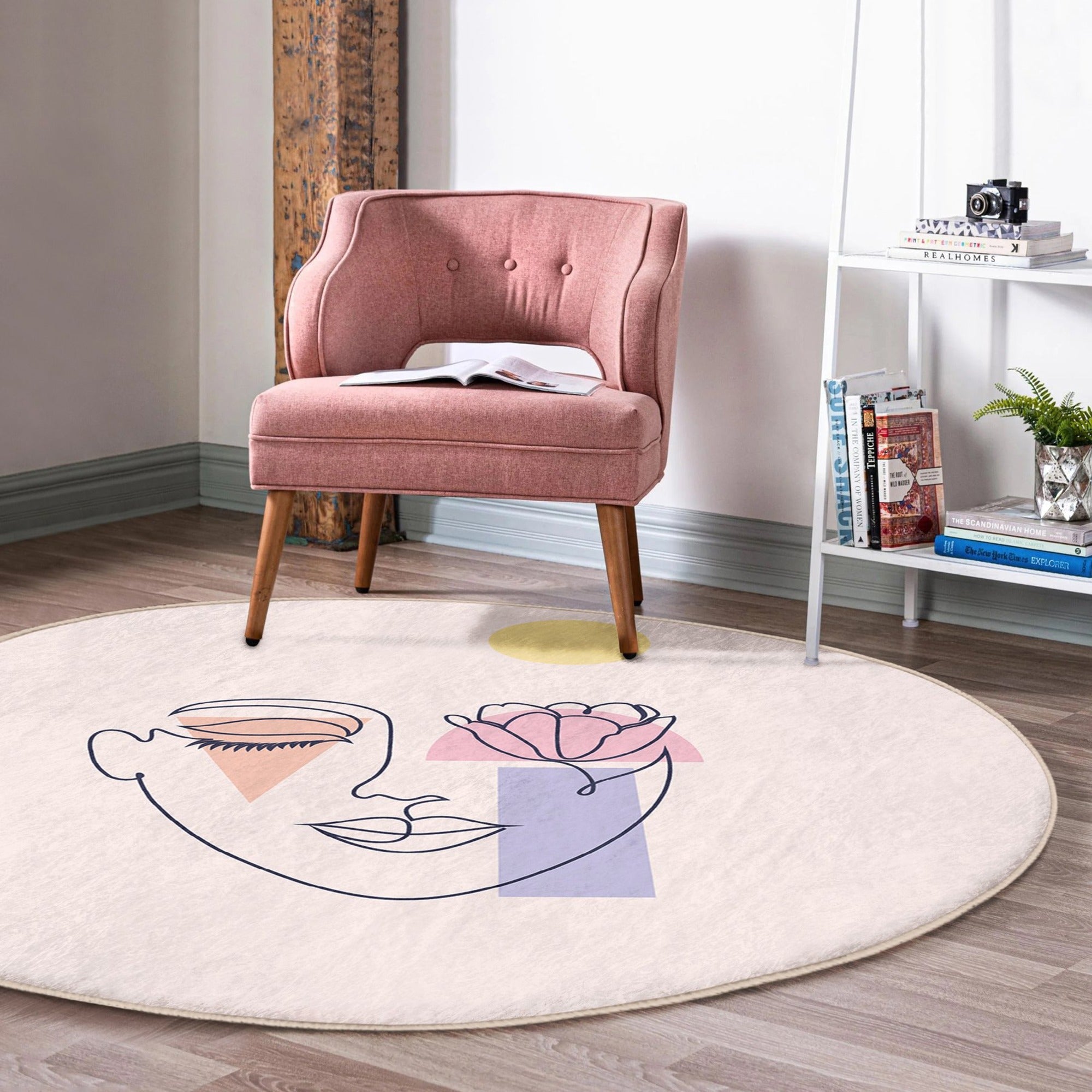 Chic Minimalist Face Pattern Round Rug featuring a stylish face design, made from soft velvet fabric, perfect for modern home decor.