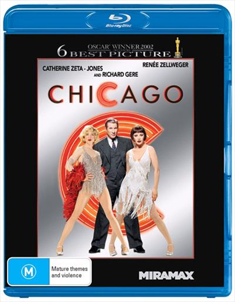 Chicago Blu-ray cover featuring Rene Zellweger and Catherine Zeta-Jones in a dramatic pose, showcasing the film's vibrant musical theme.