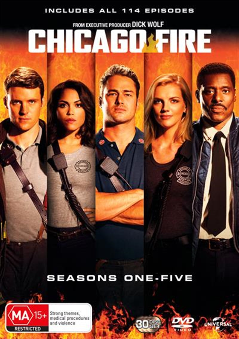 Chicago Fire - Season 1-5 Boxset DVD featuring firefighters in action and dramatic scenes.