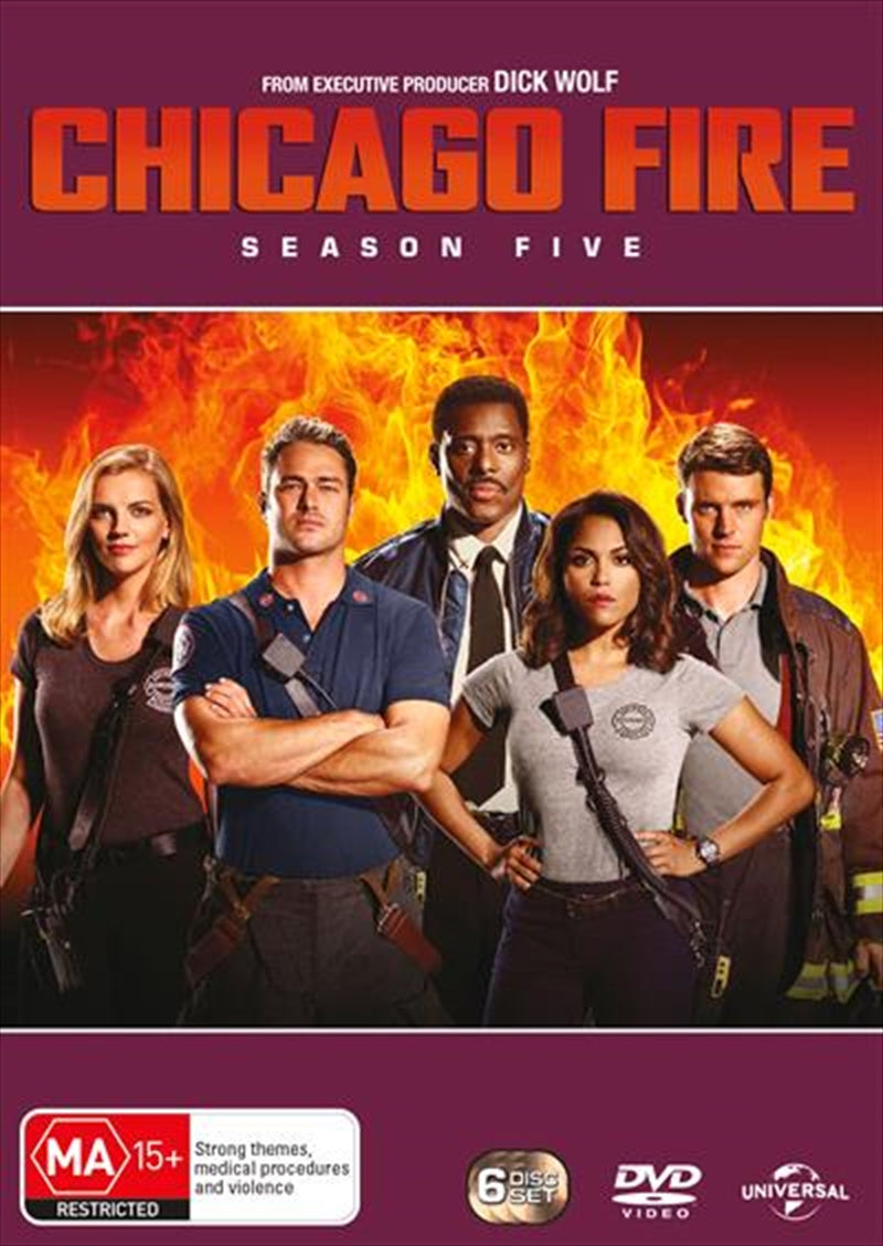 Chicago Fire - Season 5 DVD cover featuring firefighters in action, showcasing intense drama and camaraderie.