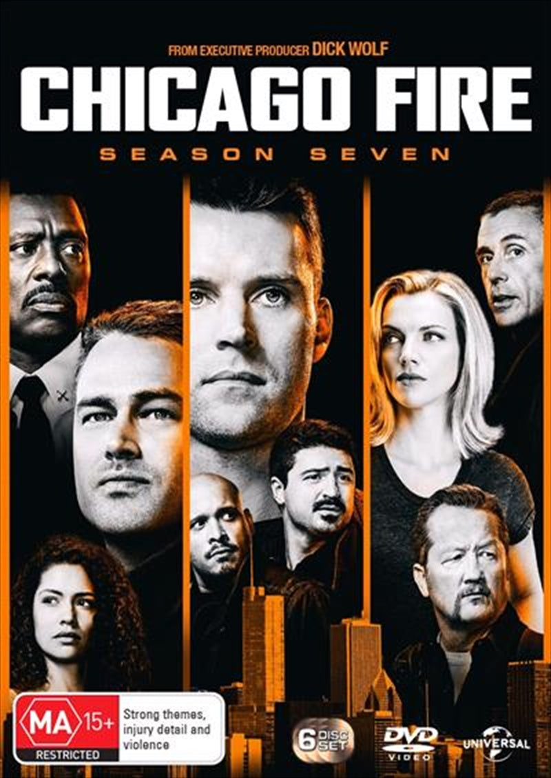 Chicago Fire - Season 7 DVD cover featuring firefighters in action, showcasing intense drama and teamwork.