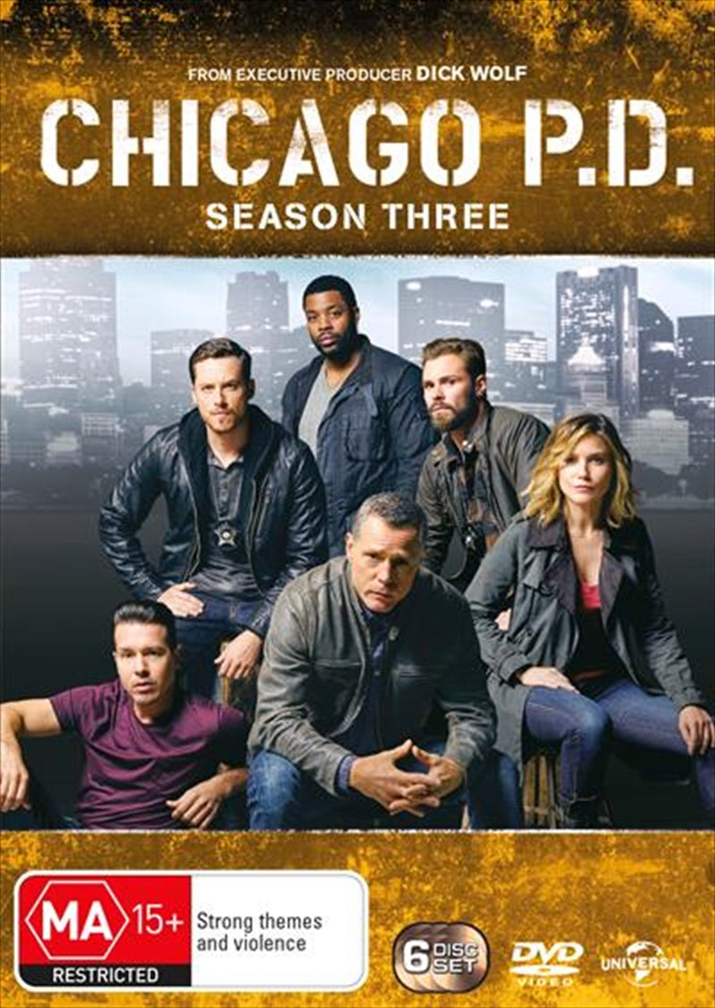 Chicago P.D. Season 3 DVD cover featuring main characters in action poses, showcasing the gritty drama of the series.