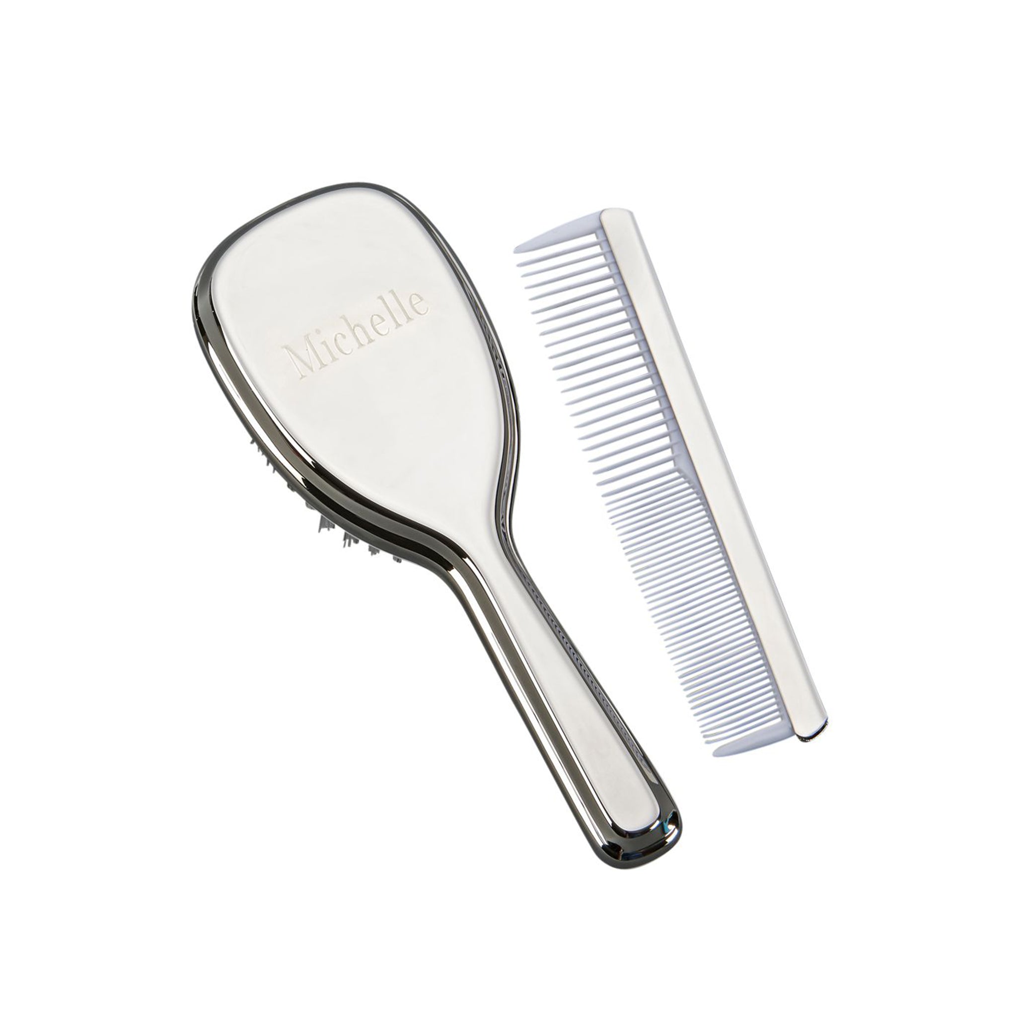 Children's Comb and Brush Set featuring a nickel plated finish, elegant design, and white teeth comb.