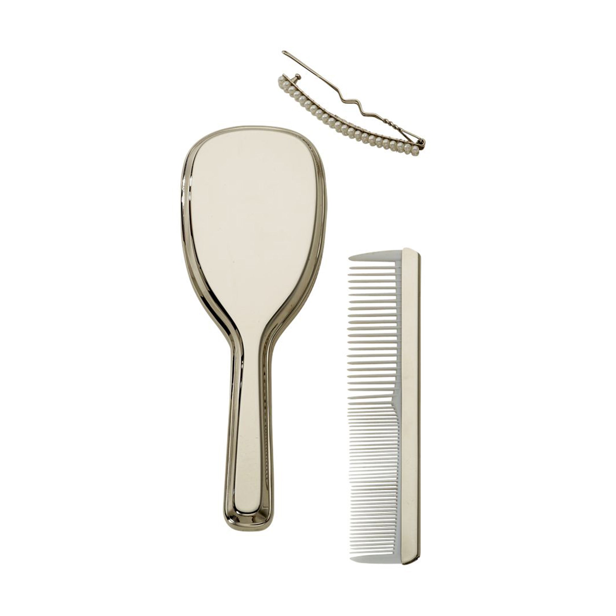 Children's Comb and Brush Set featuring a nickel plated finish, elegant design, and white teeth comb.