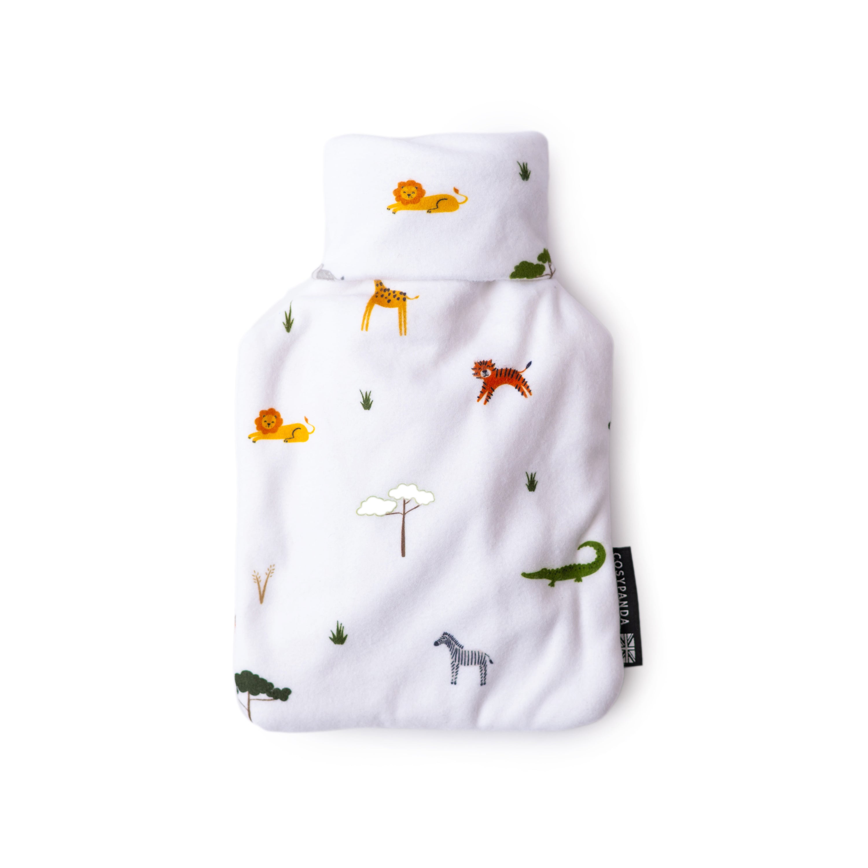 Children’s Safari Print 1L Hot Water Bottle with a soft cover featuring playful safari animals, designed for comfort and warmth.