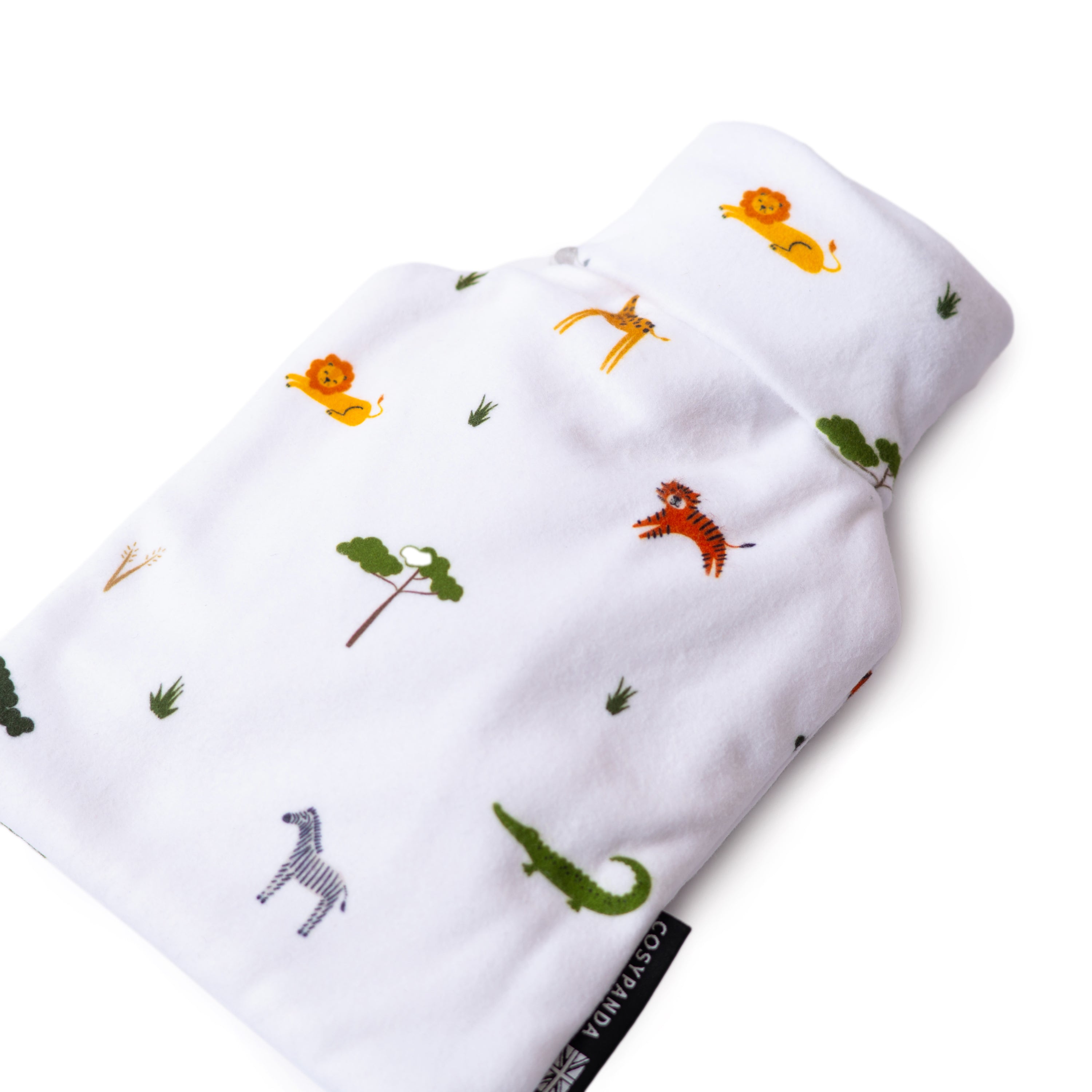 Children’s Safari Print 1L Hot Water Bottle with a soft cover featuring playful safari animals, designed for comfort and warmth.