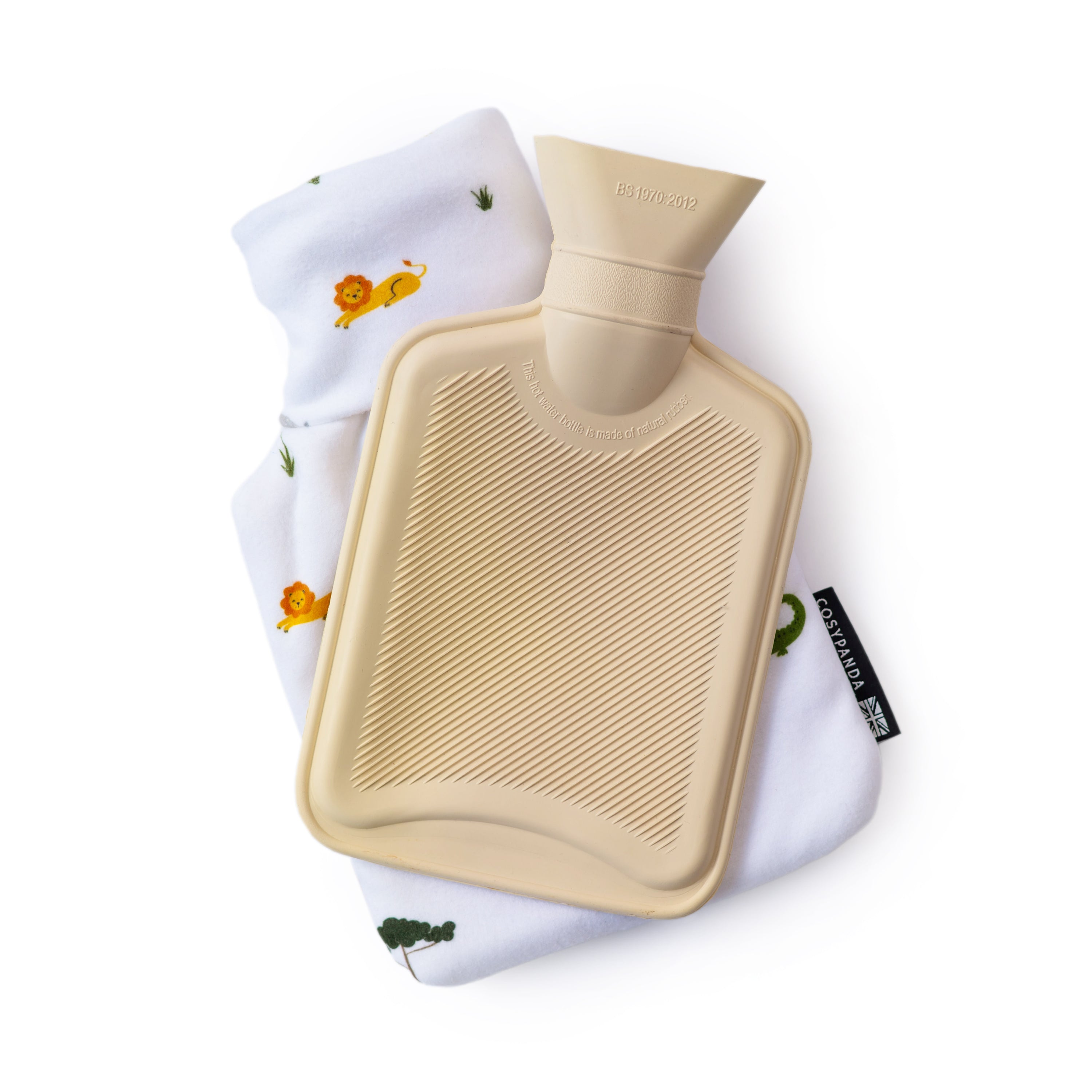 Children’s Safari Print 1L Hot Water Bottle with a soft cover featuring playful safari animals, designed for comfort and warmth.