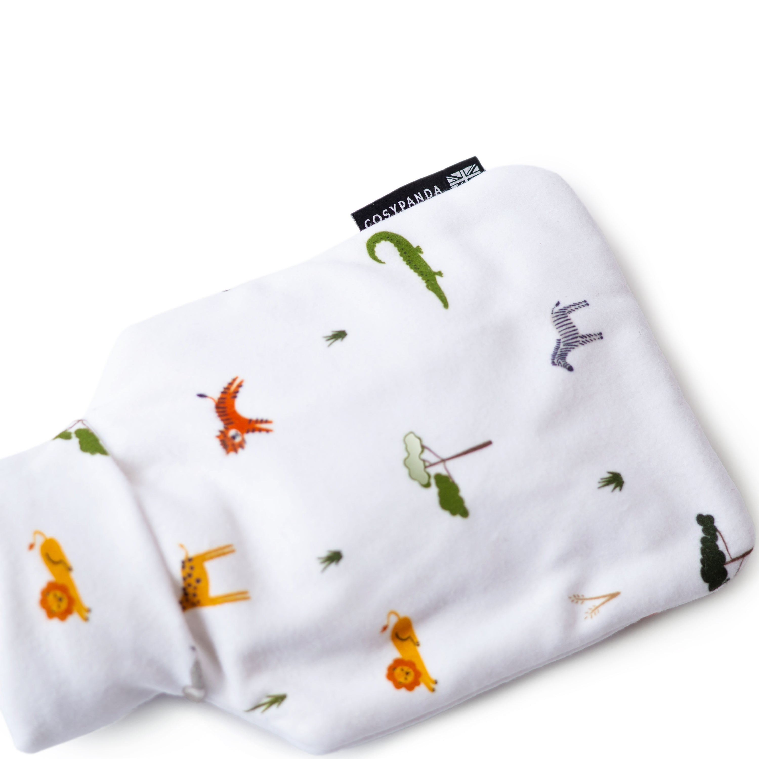 Children’s Safari Print 1L Hot Water Bottle with a soft cover featuring playful safari animals, designed for comfort and warmth.