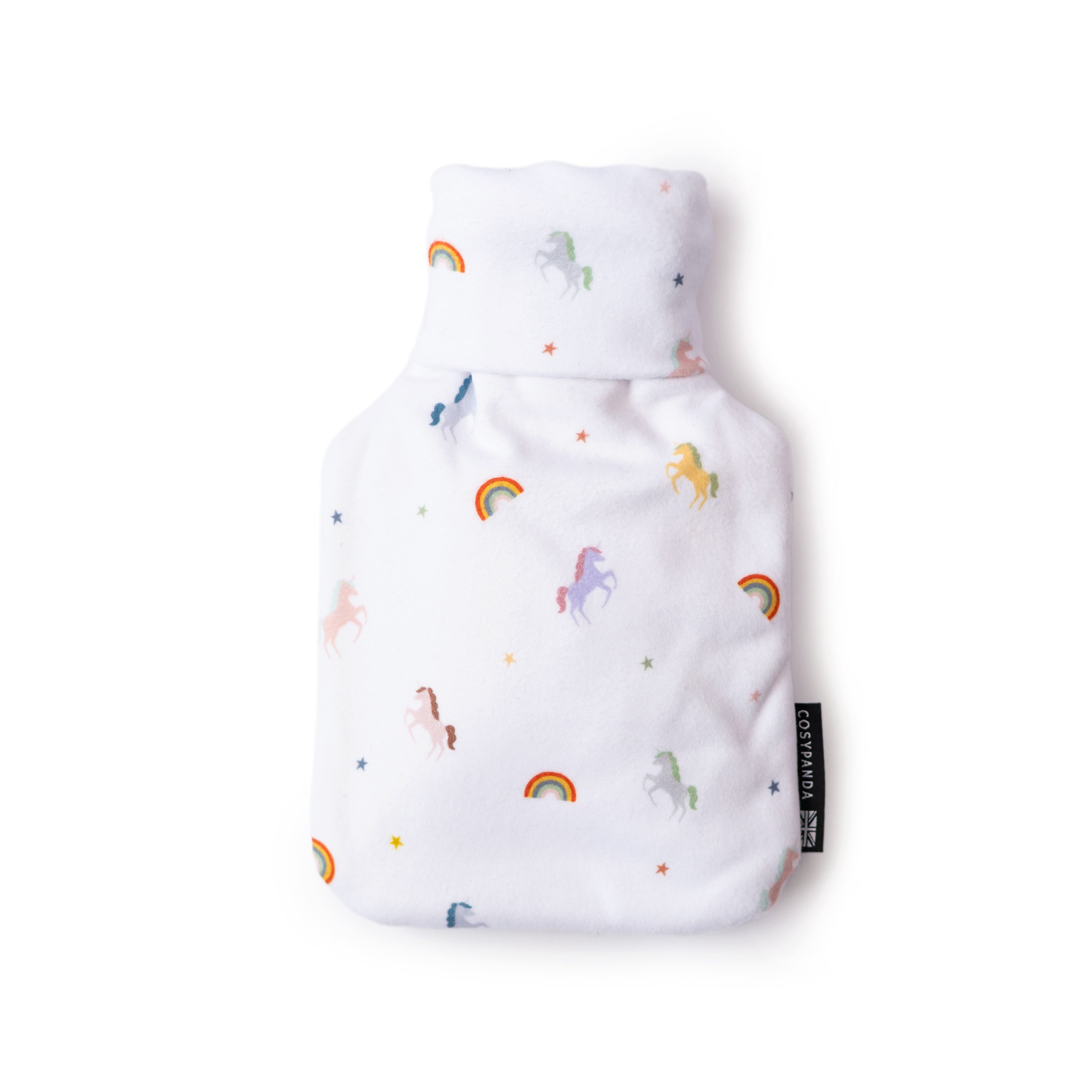 A soft children's hot water bottle featuring a colorful unicorn rainbow print, designed for comfort and safety.