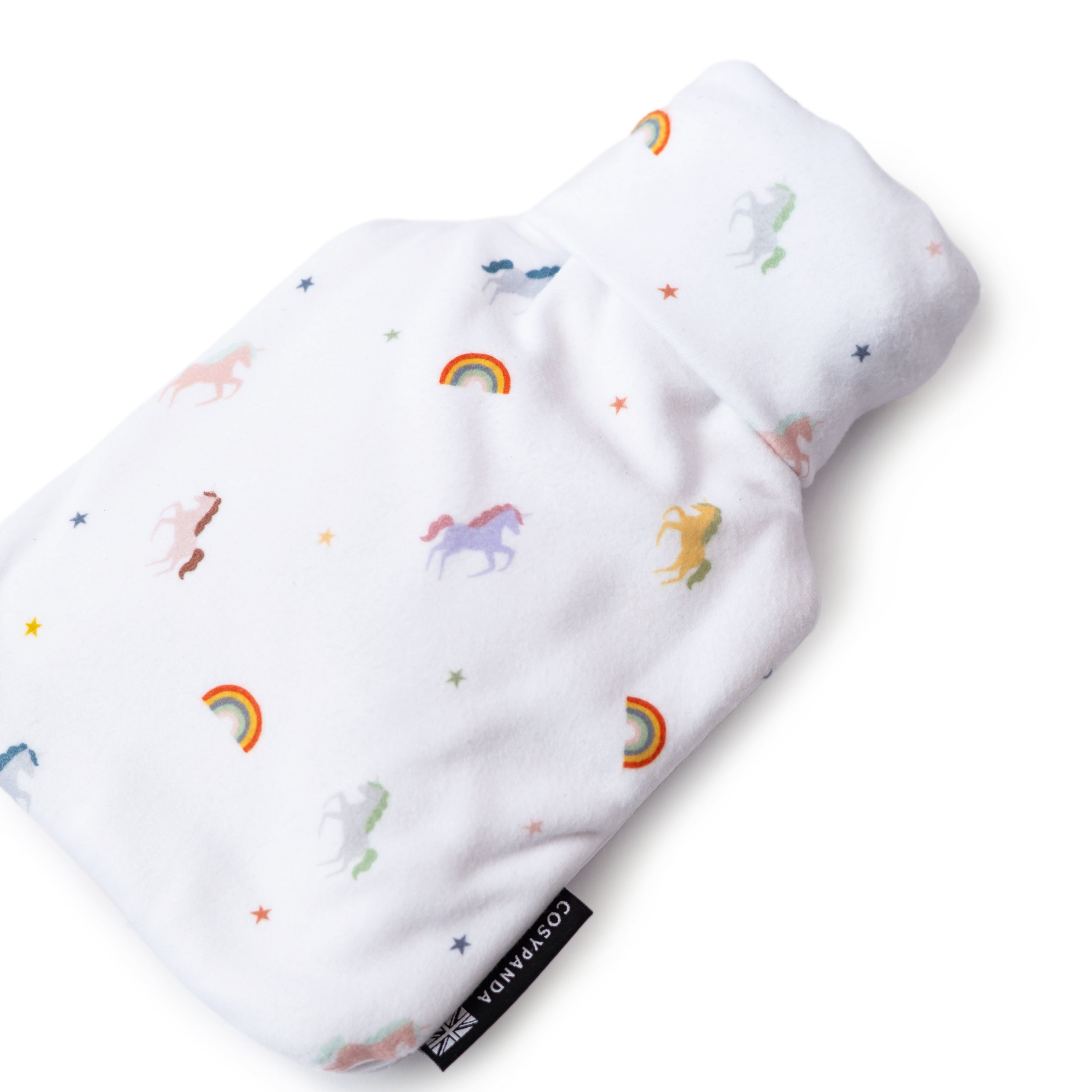 A soft children's hot water bottle featuring a colorful unicorn rainbow print, designed for comfort and safety.