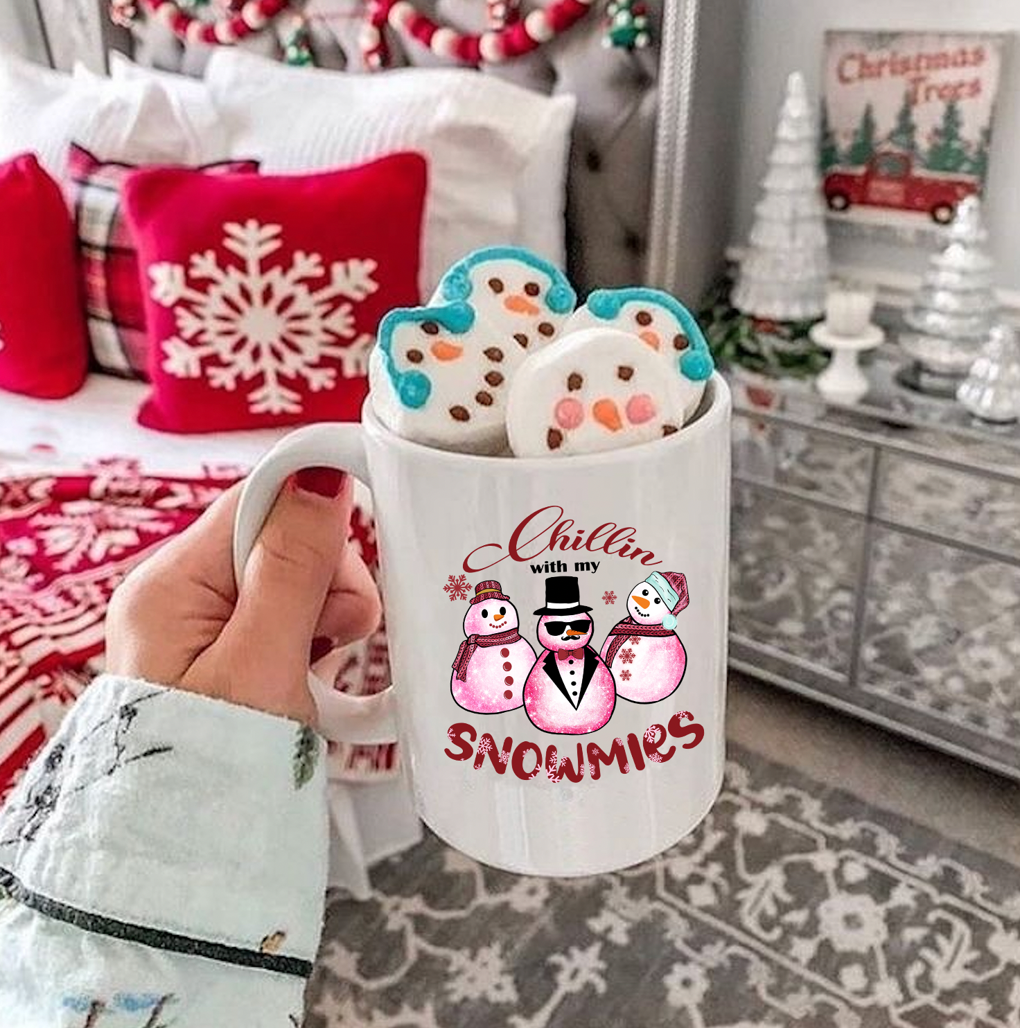 Chillin With My Snowmies 15oz Mug featuring a vibrant winter-themed design, perfect for coffee or tea.