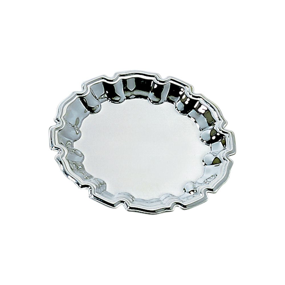 A 12-inch Chippendale style tray made of stainless steel featuring an elegant ribbon design around the border.