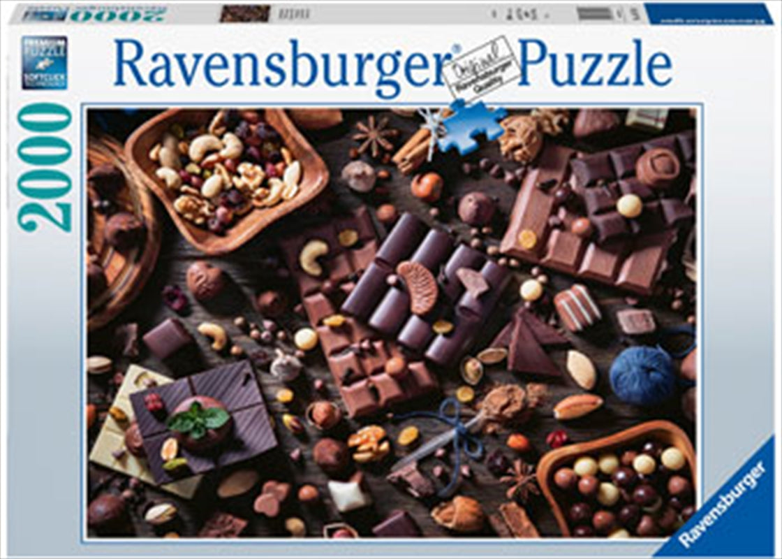 A vibrant 2000-piece puzzle featuring a chocolate paradise theme, showcasing various chocolate treats and desserts.