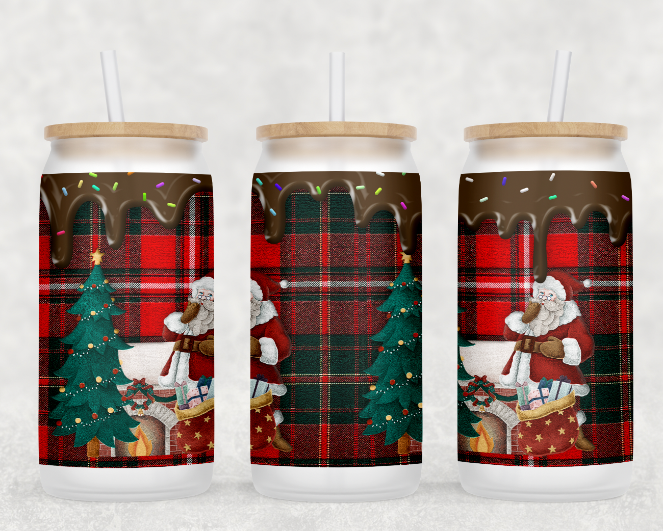 Chocolate Santa Glass Can Tumbler with bamboo lid and clear straw, showcasing a festive design.