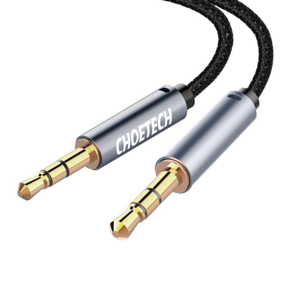 CHOETECH AUX002 3.5mm Stereo Audio Cable, 1.2M length, featuring gold-plated connectors and a durable braided design.