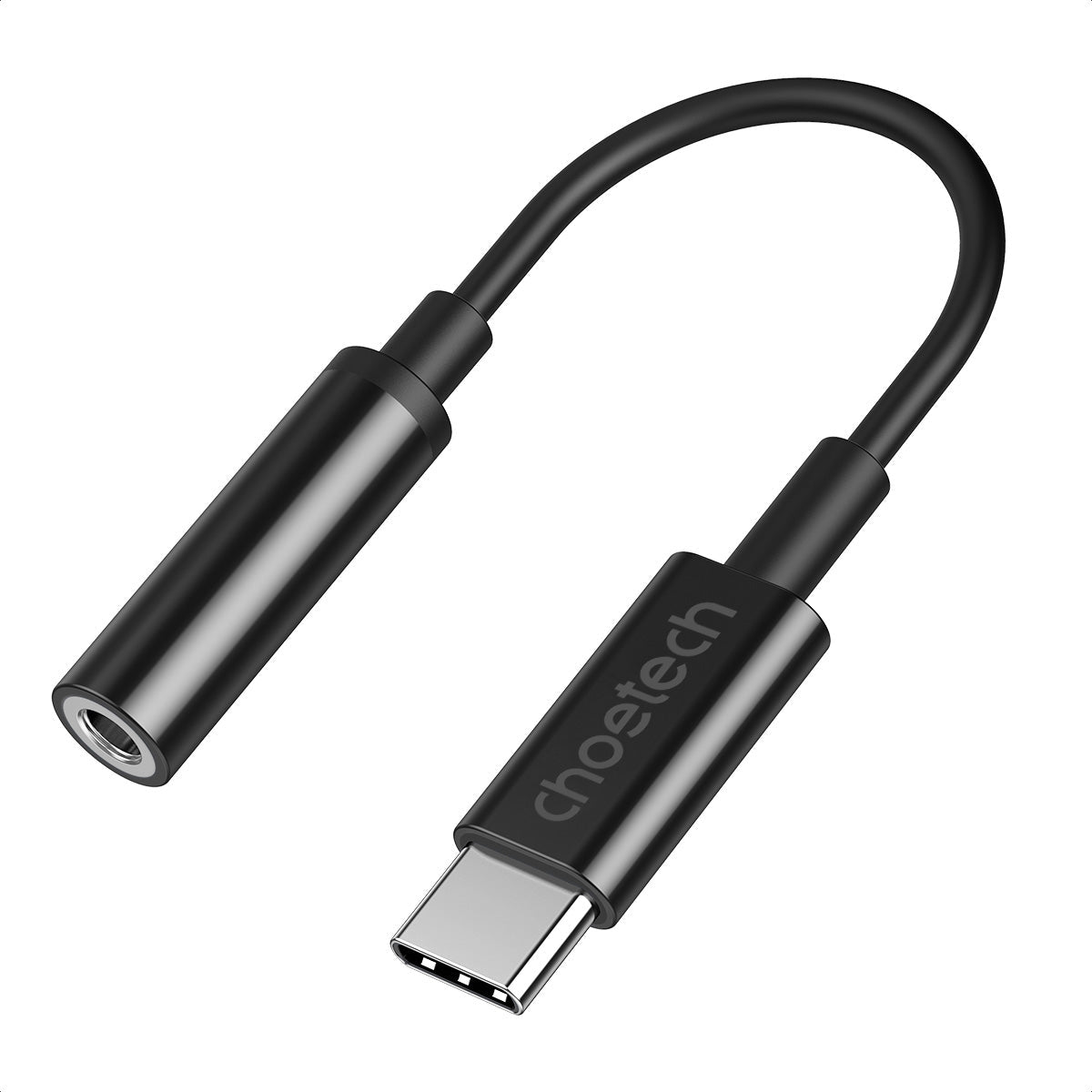 CHOETECH AUX003 USB-C to 3.5mm headphone adapter with a sleek design, showcasing its compact size and high-quality build.