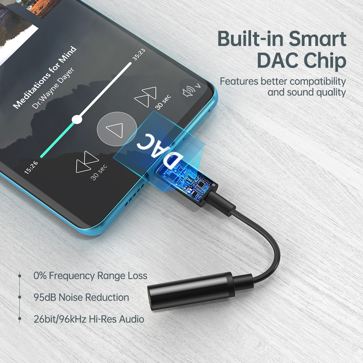 CHOETECH AUX003 USB-C to 3.5mm headphone adapter with a sleek design, showcasing its compact size and high-quality build.