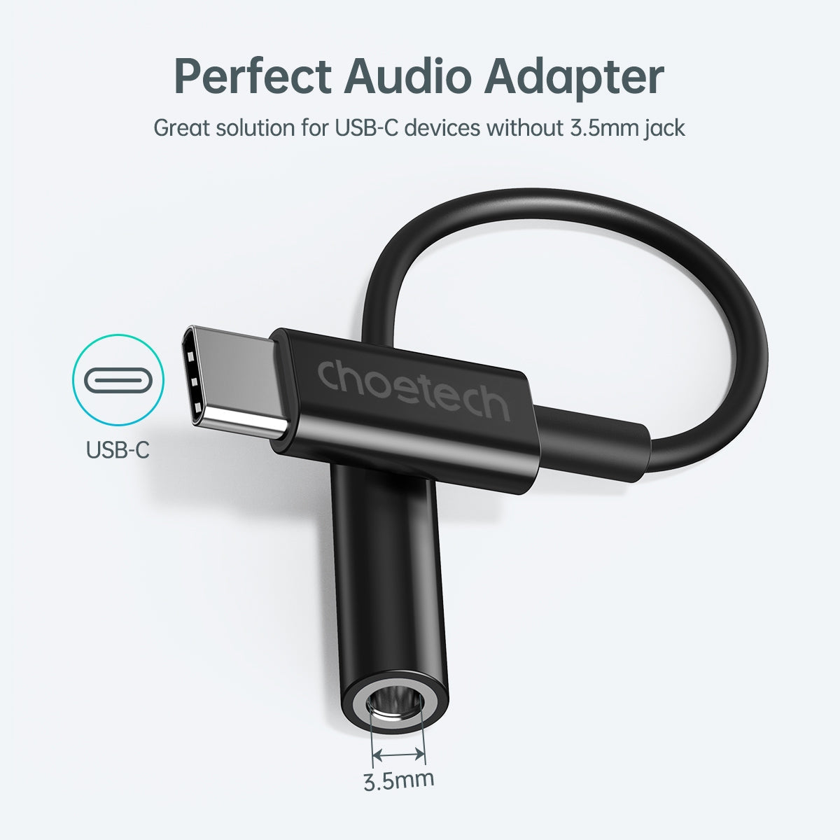 CHOETECH AUX003 USB-C to 3.5mm headphone adapter with a sleek design, showcasing its compact size and high-quality build.