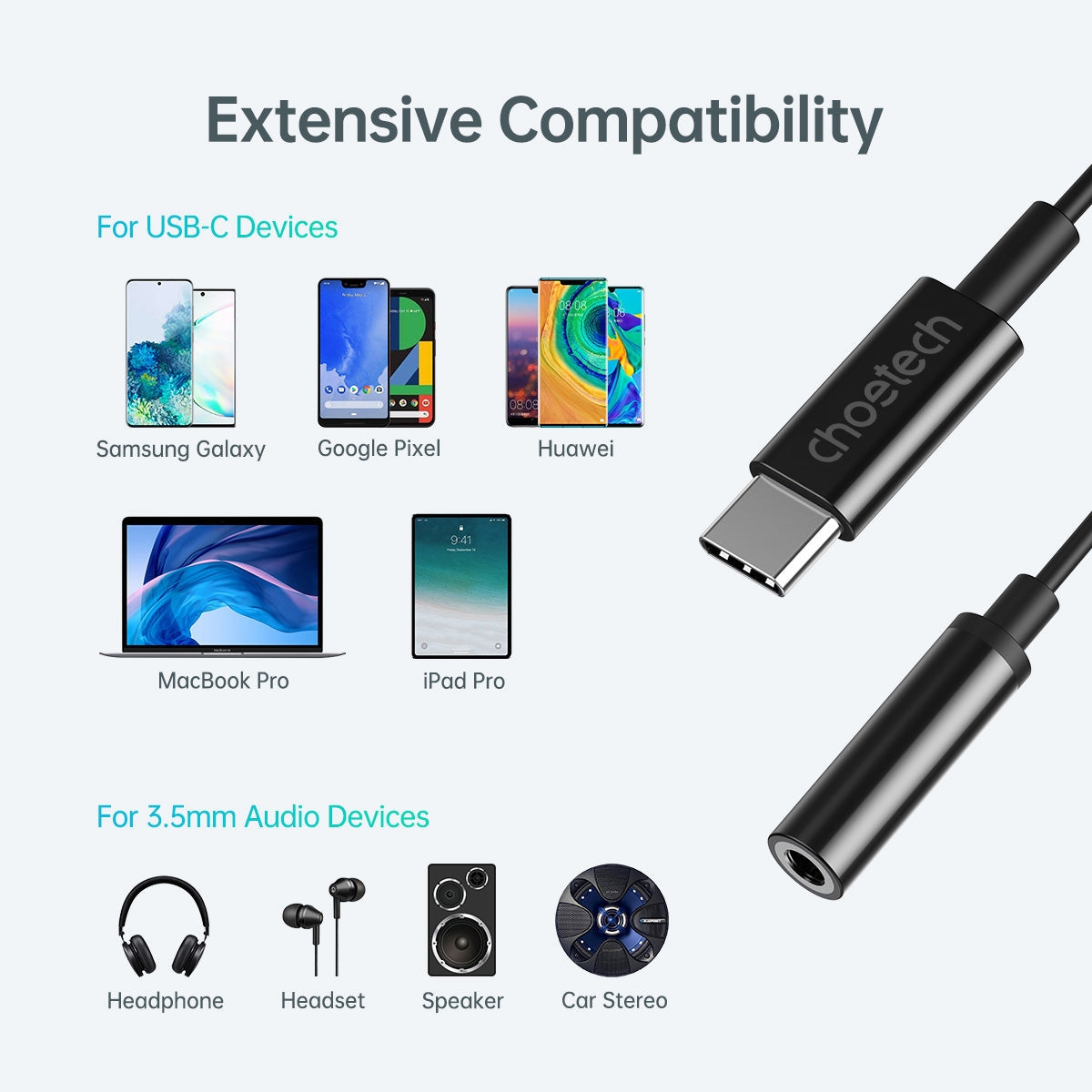 CHOETECH AUX003 USB-C to 3.5mm headphone adapter with a sleek design, showcasing its compact size and high-quality build.