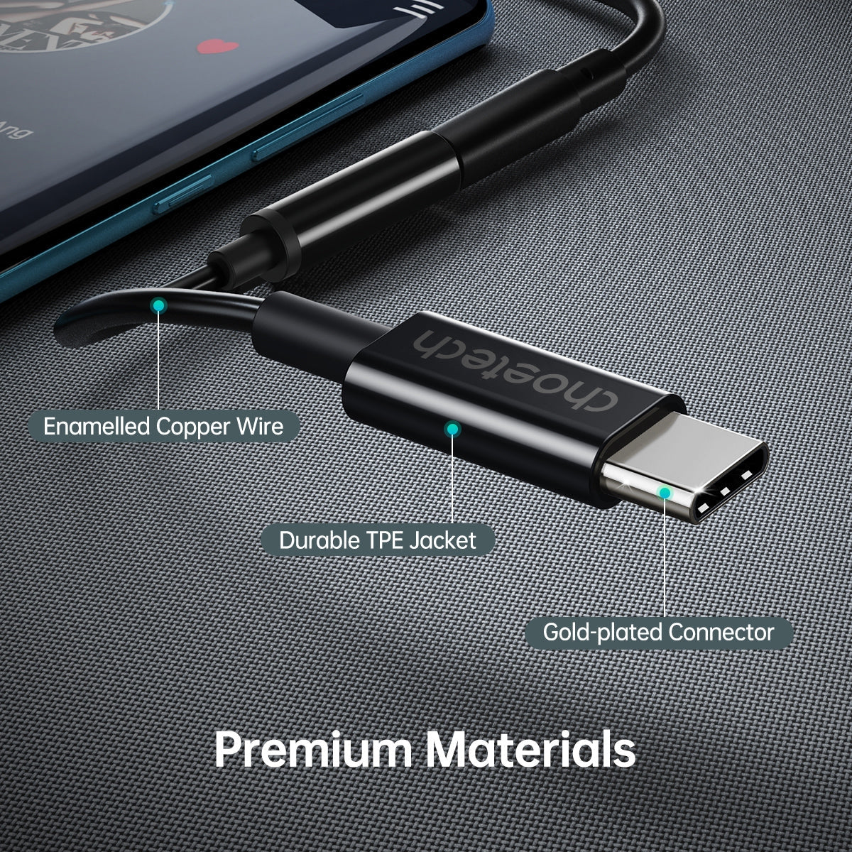 CHOETECH AUX003 USB-C to 3.5mm headphone adapter with a sleek design, showcasing its compact size and high-quality build.