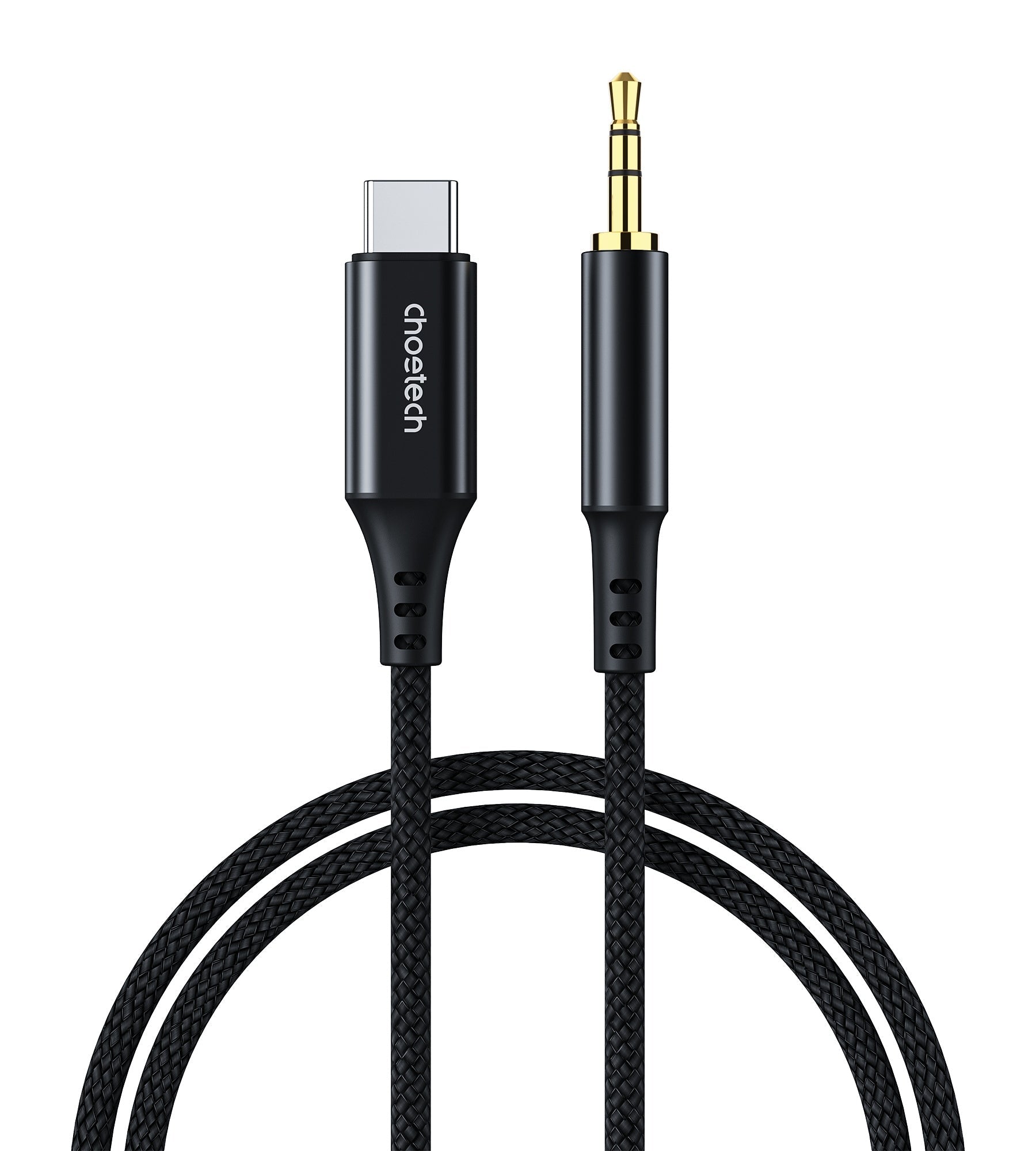 CHOETECH AUX006 Type-C to 3.5mm audio cable with a nylon-braided design and gold-plated connectors, showcasing its durability and high-quality construction.