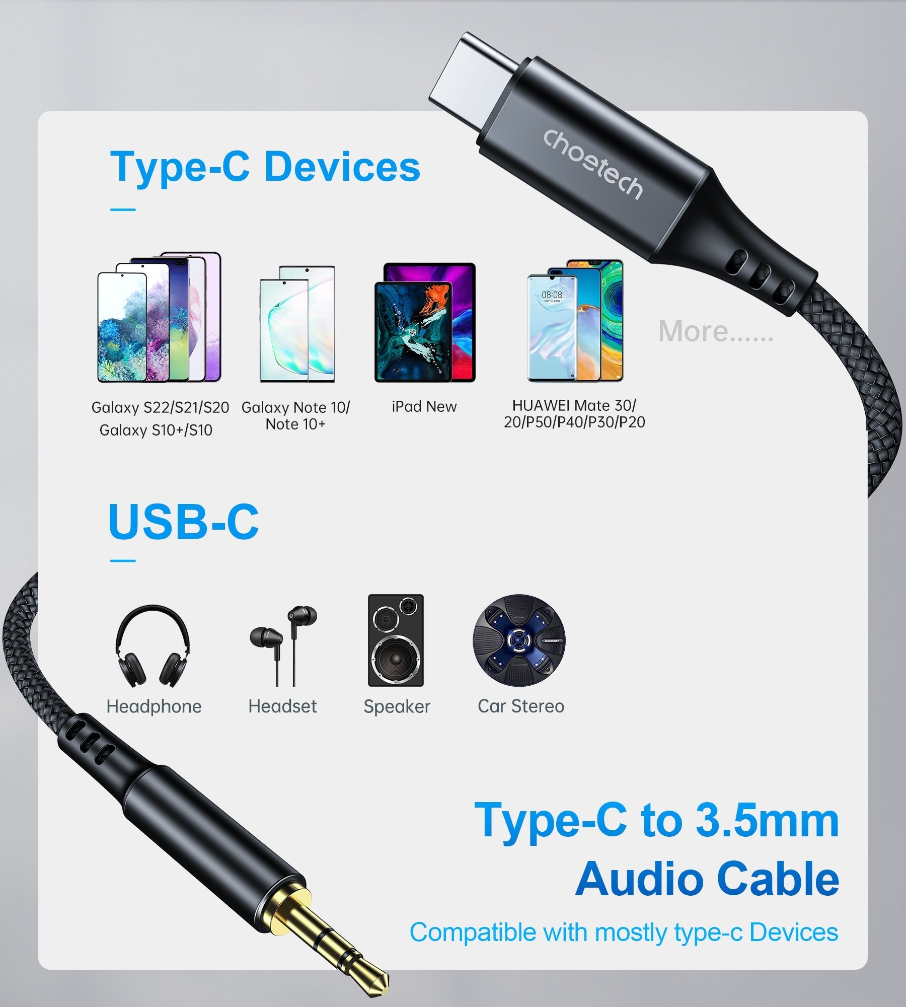 CHOETECH AUX006 Type-C to 3.5mm audio cable with a nylon-braided design and gold-plated connectors, showcasing its durability and high-quality construction.