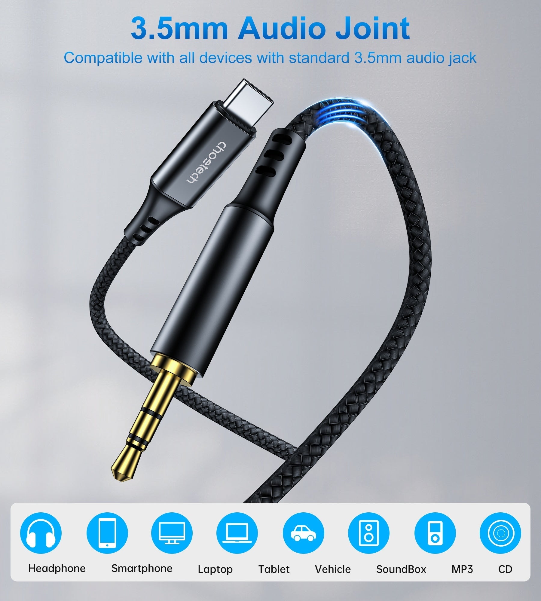 CHOETECH AUX006 Type-C to 3.5mm audio cable with a nylon-braided design and gold-plated connectors, showcasing its durability and high-quality construction.