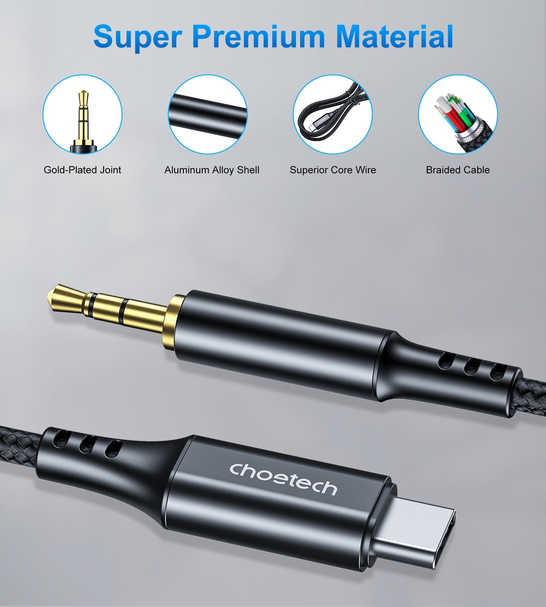 CHOETECH AUX006 Type-C to 3.5mm audio cable with a nylon-braided design and gold-plated connectors, showcasing its durability and high-quality construction.