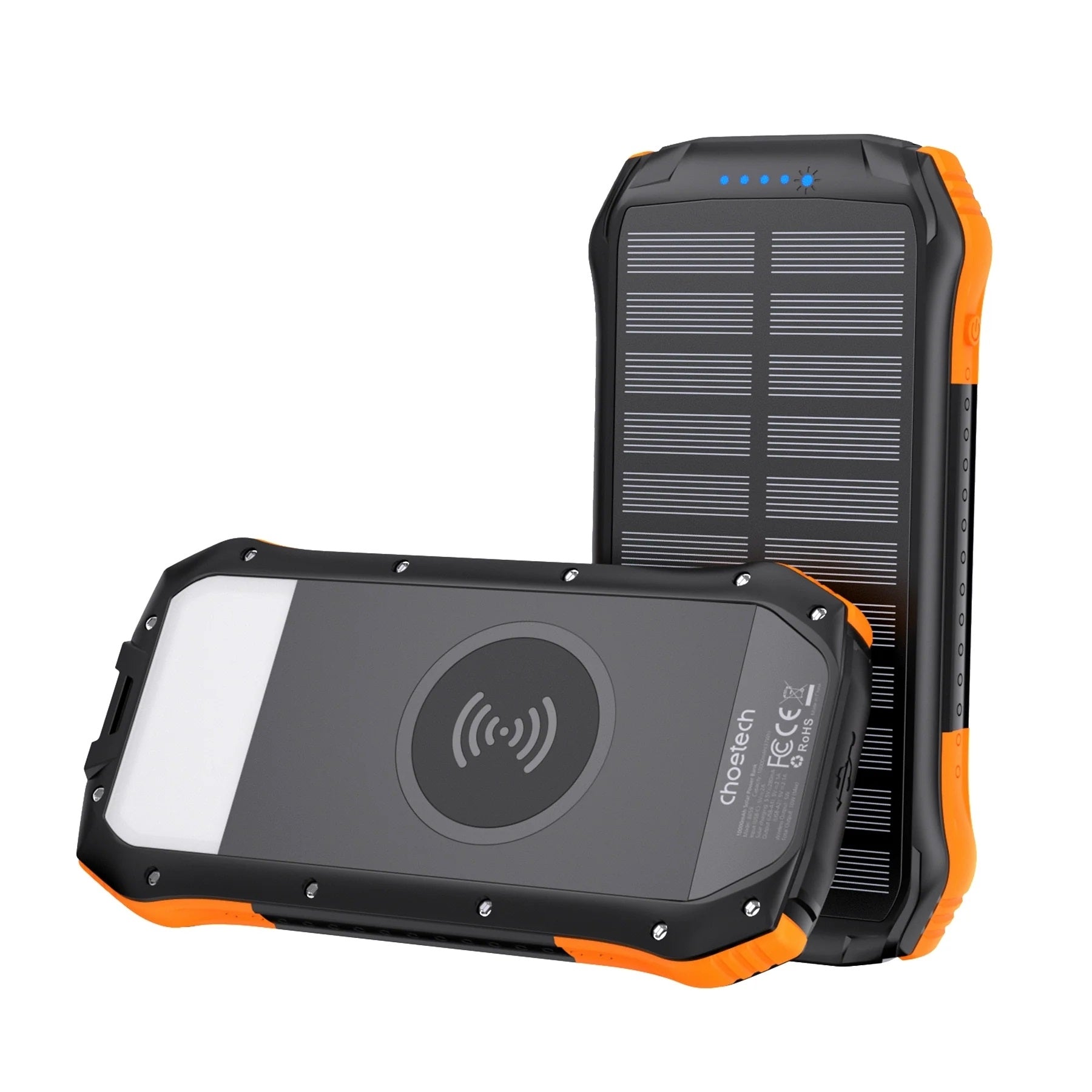 CHOETECH B657 Solar Power Bank with dual charging options and LED flashlight, perfect for outdoor adventures.