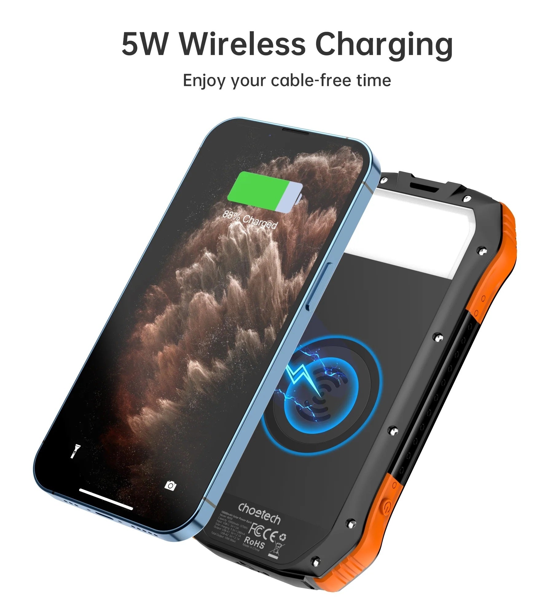 CHOETECH B657 Solar Power Bank with dual charging options and LED flashlight, perfect for outdoor adventures.