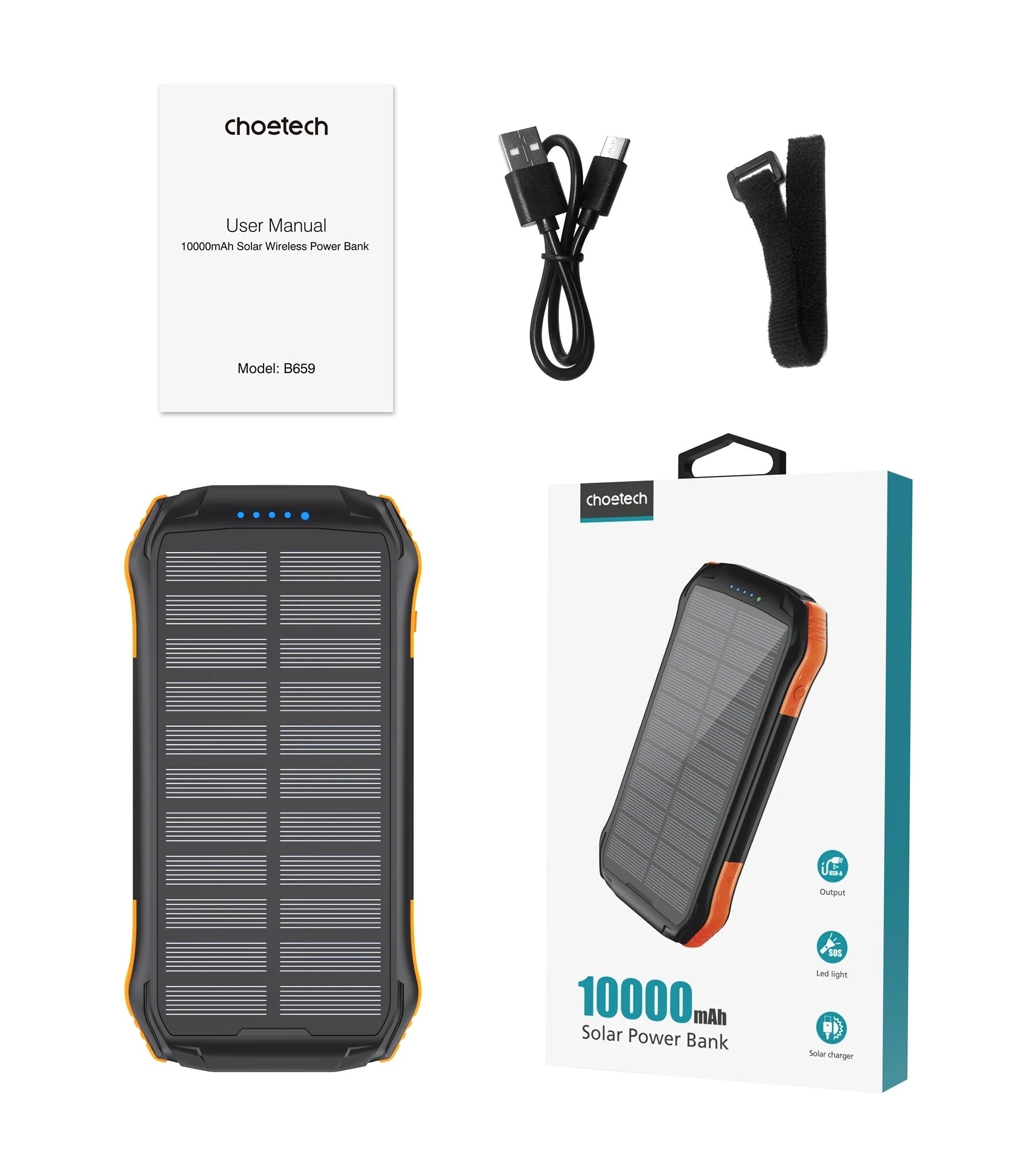 CHOETECH B657 Solar Power Bank with dual charging options and LED flashlight, perfect for outdoor adventures.