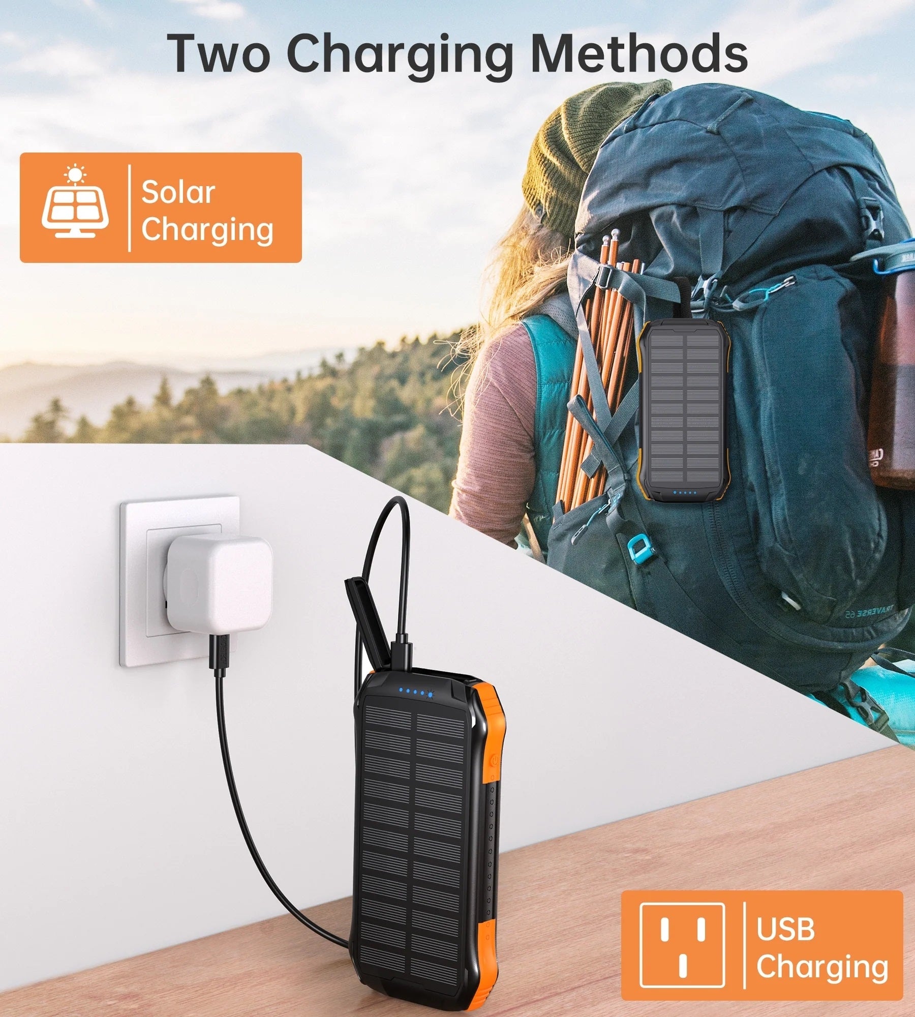 CHOETECH B657 Solar Power Bank with dual charging options and LED flashlight, perfect for outdoor adventures.