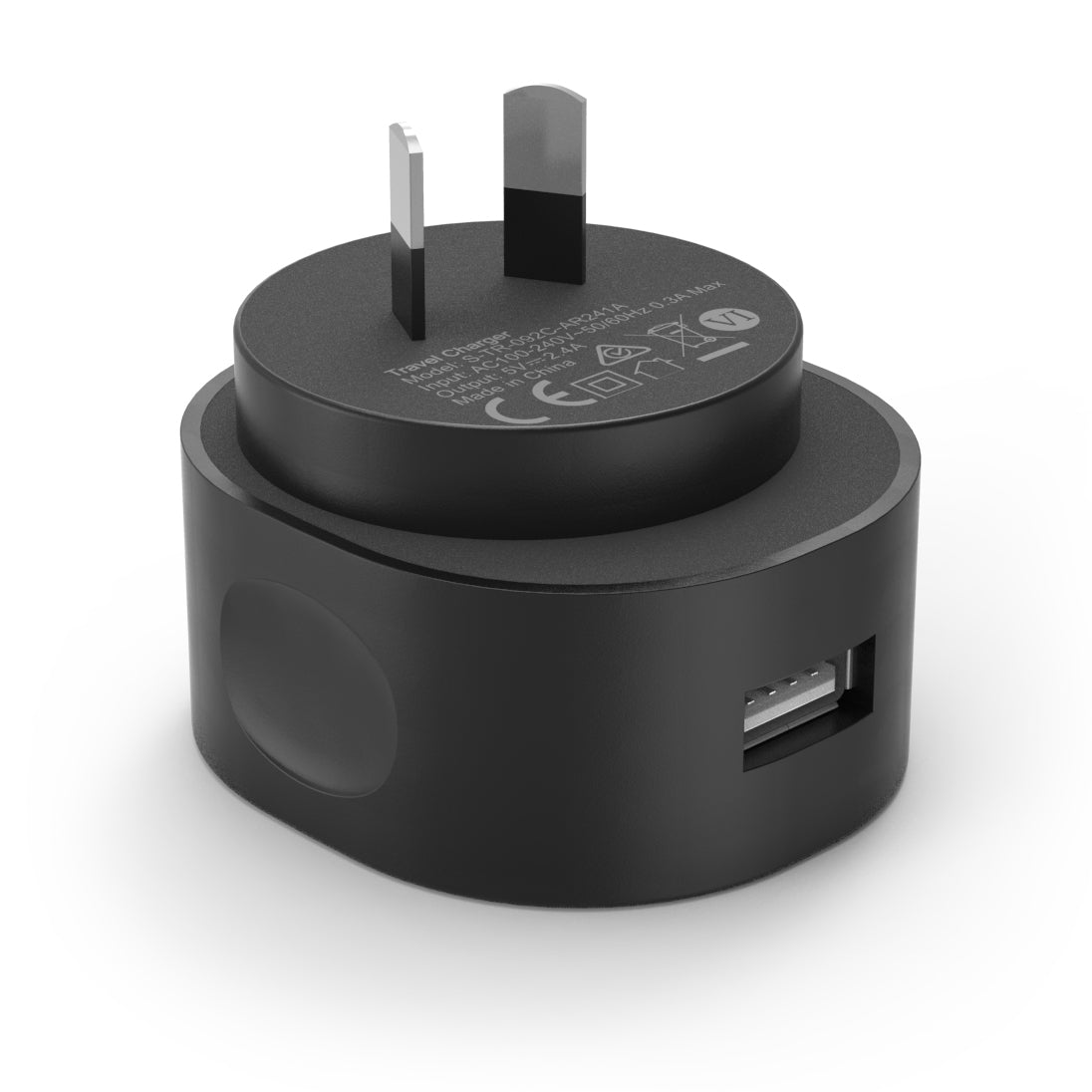 CHOETECH C0203 USB-A AC Adapter with AU plug, featuring a sleek black design and safety certifications.