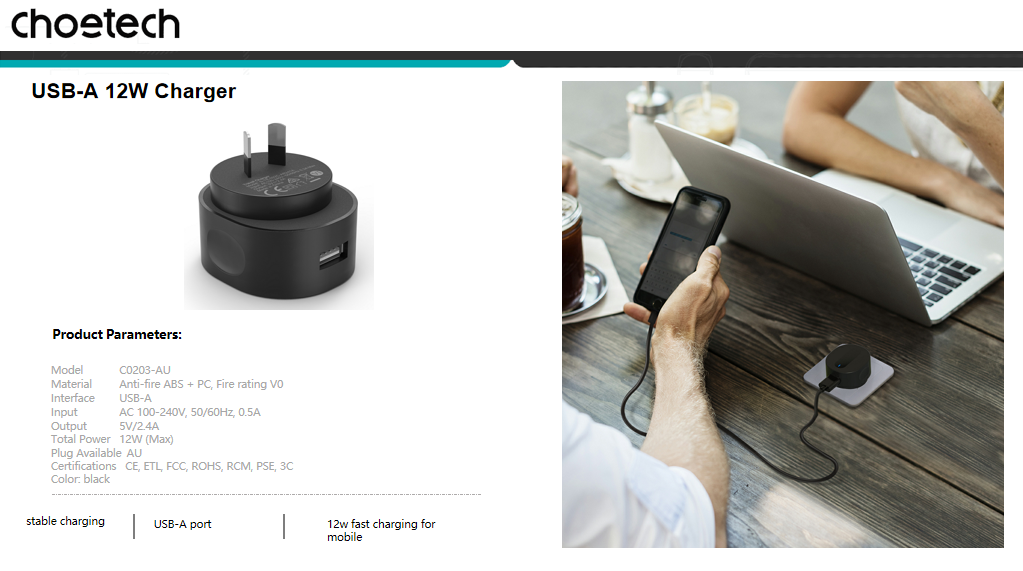 CHOETECH C0203 USB-A AC Adapter with AU plug, featuring a sleek black design and safety certifications.