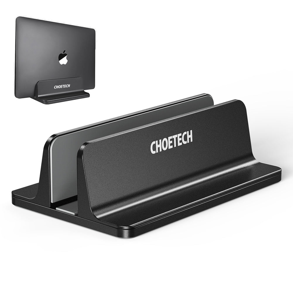 CHOETECH H038-BK Desktop Aluminum Stand showcasing adjustable width and sleek design, ideal for vertical laptop storage.