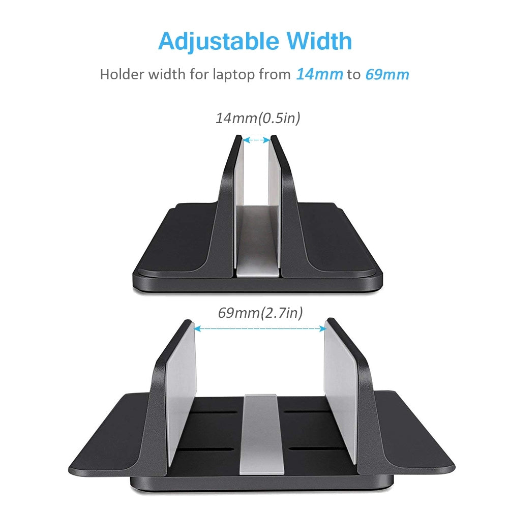 CHOETECH H038-BK Desktop Aluminum Stand showcasing adjustable width and sleek design, ideal for vertical laptop storage.