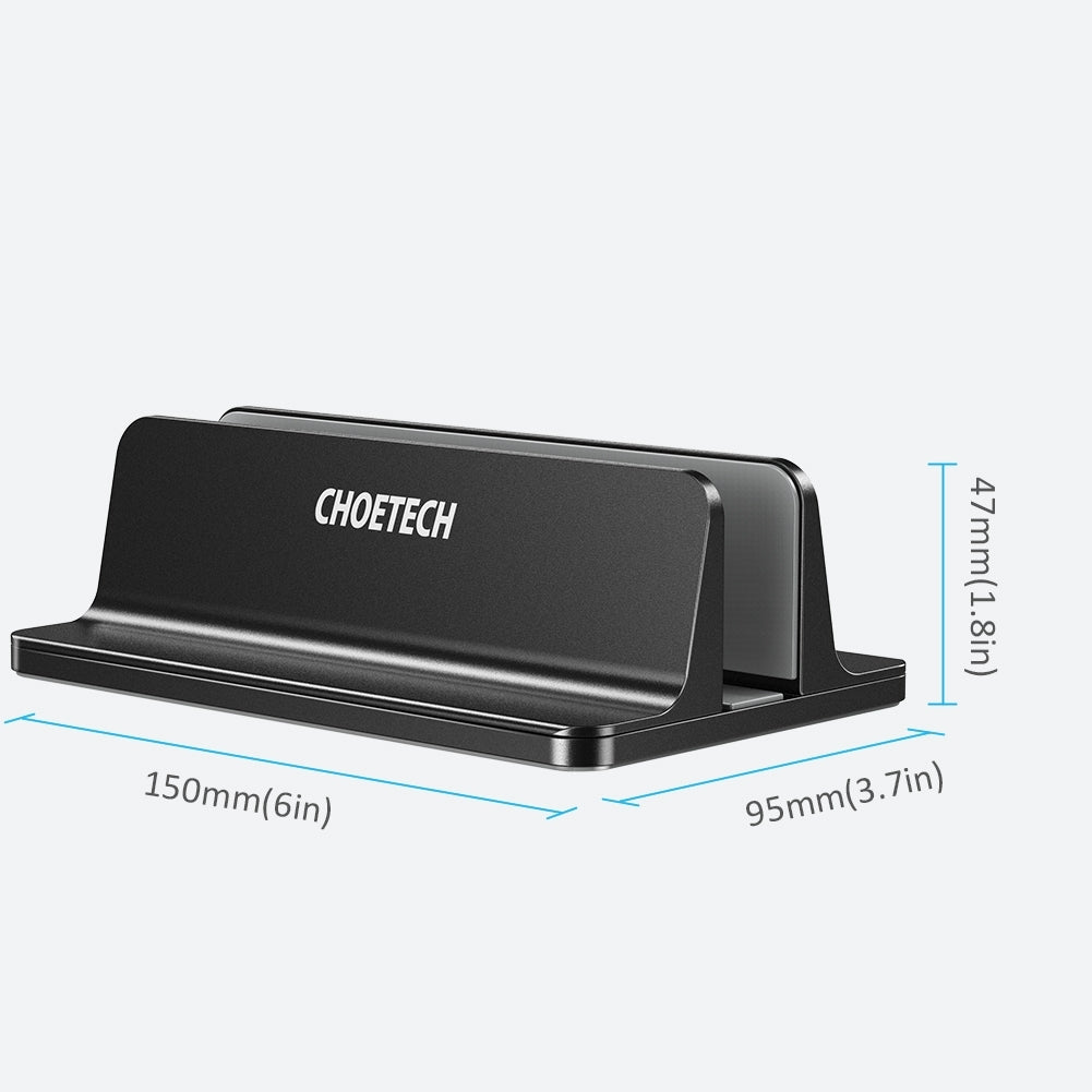 CHOETECH H038-BK Desktop Aluminum Stand showcasing adjustable width and sleek design, ideal for vertical laptop storage.