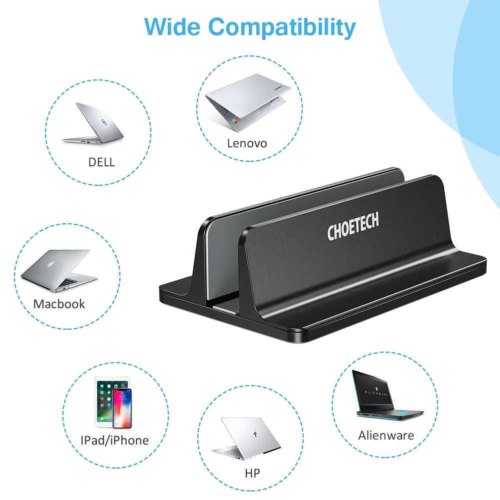 CHOETECH H038-BK Desktop Aluminum Stand showcasing adjustable width and sleek design, ideal for vertical laptop storage.