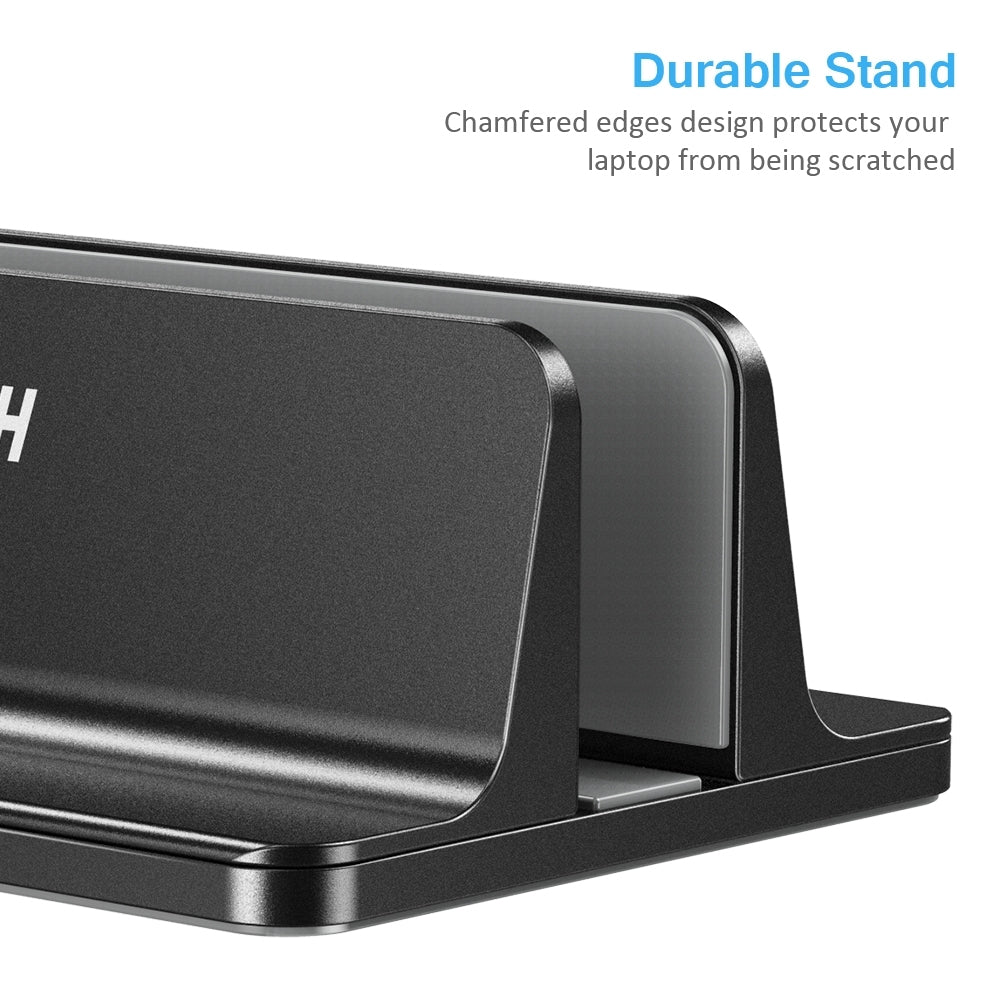 CHOETECH H038-BK Desktop Aluminum Stand showcasing adjustable width and sleek design, ideal for vertical laptop storage.