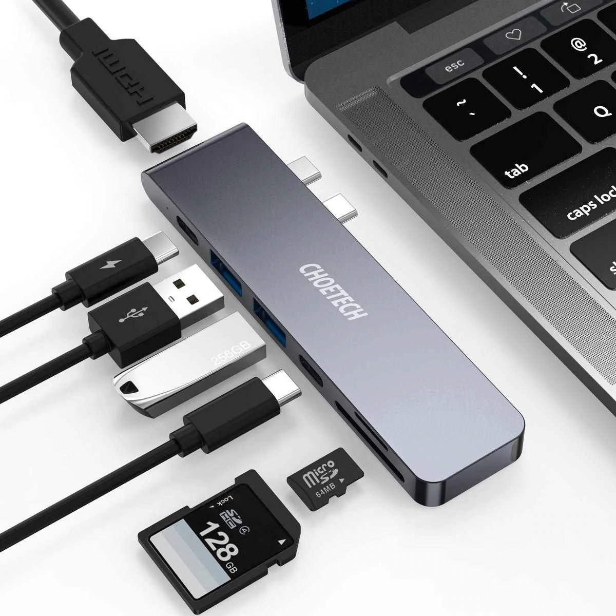 CHOETECH HUB-M14 USB-C 7 in 1 Docking Station for MacBook, showcasing multiple ports including HDMI and Thunderbolt 3.