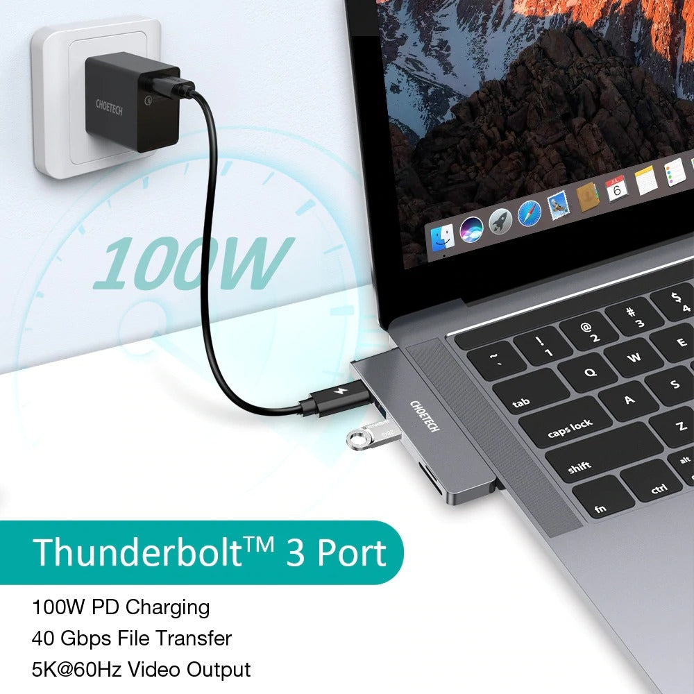 CHOETECH HUB-M14 USB-C 7 in 1 Docking Station for MacBook, showcasing multiple ports including HDMI and Thunderbolt 3.