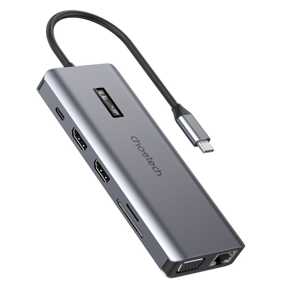 CHOETECH HUB-M26 12-in-1 USB-C Multiport Adapter with multiple ports including HDMI, USB, and SD card slots.