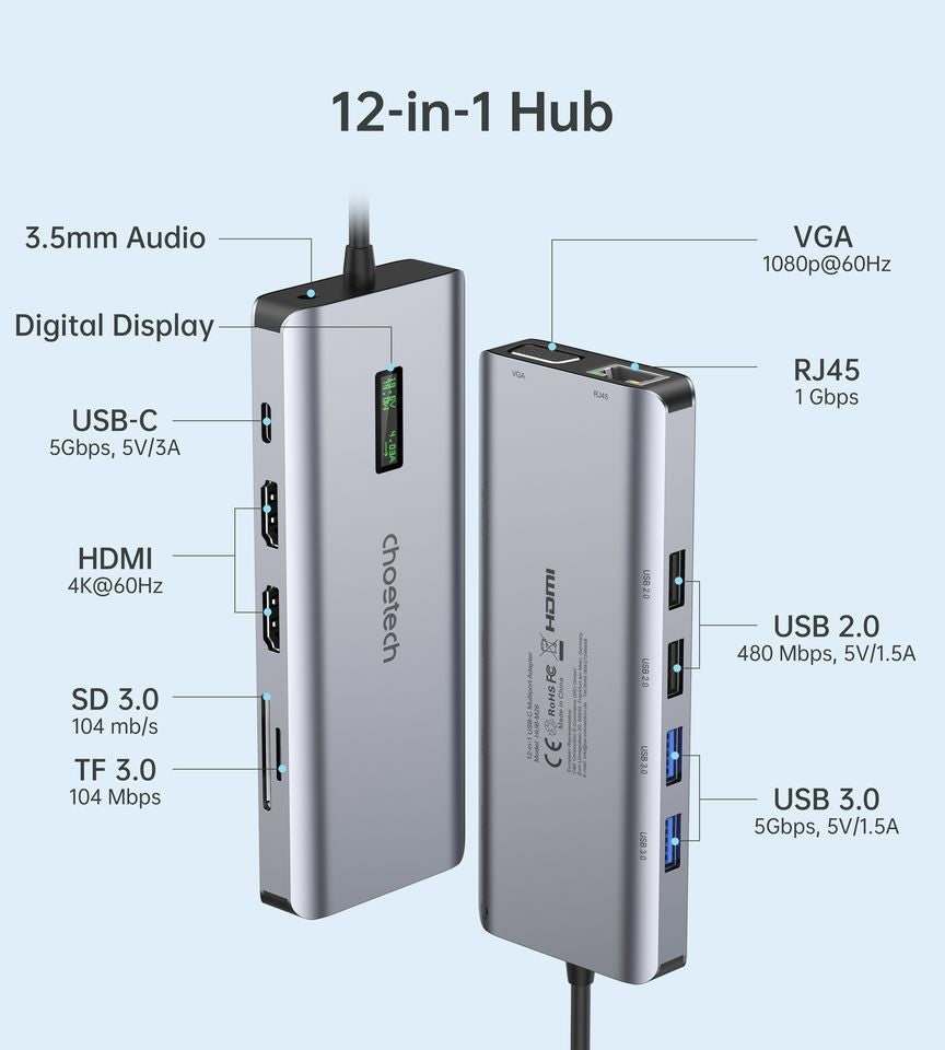 CHOETECH HUB-M26 12-in-1 USB-C Multiport Adapter with multiple ports including HDMI, USB, and SD card slots.