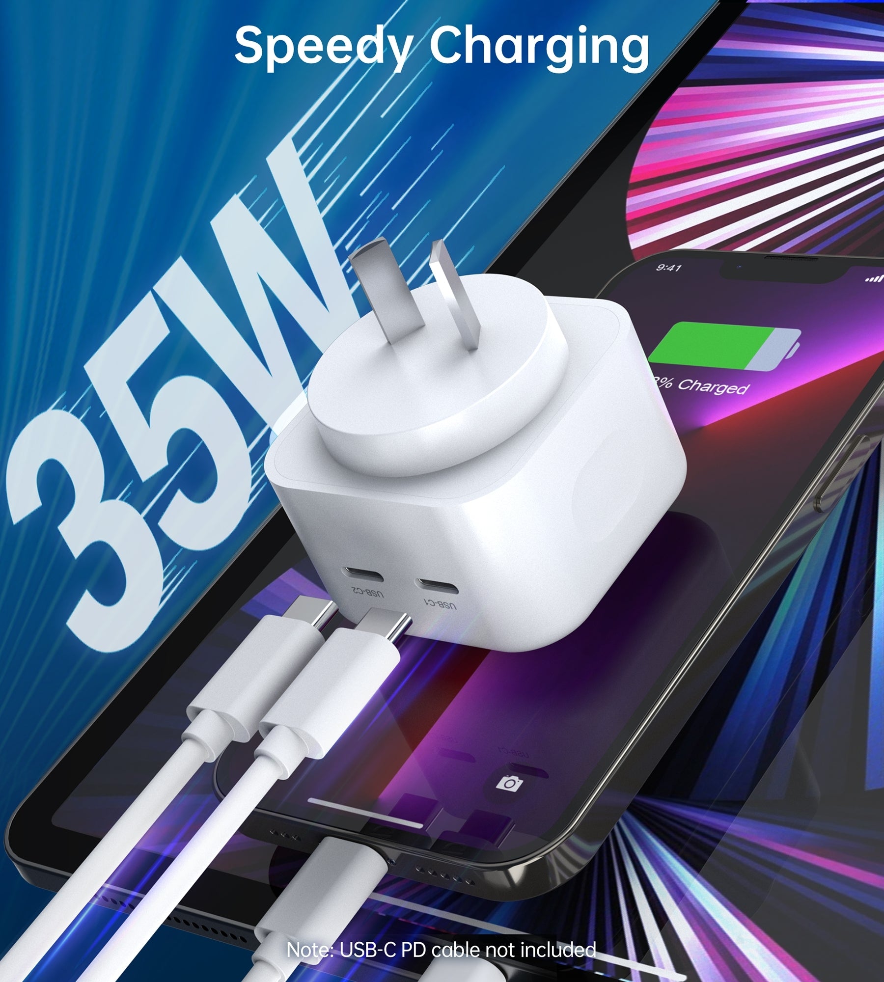 CHOETECH Q5008 PD 35W Dual USB-C Charger with two ports and compact design, ideal for travel.