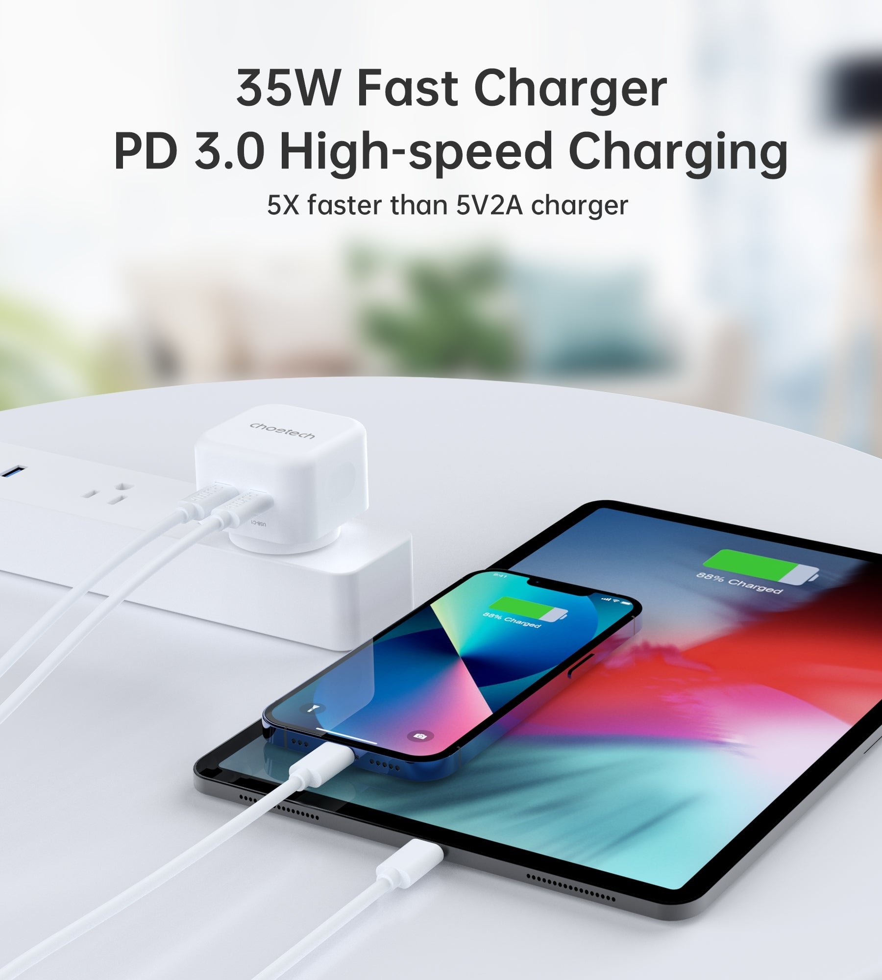 CHOETECH Q5008 PD 35W Dual USB-C Charger with two ports and compact design, ideal for travel.