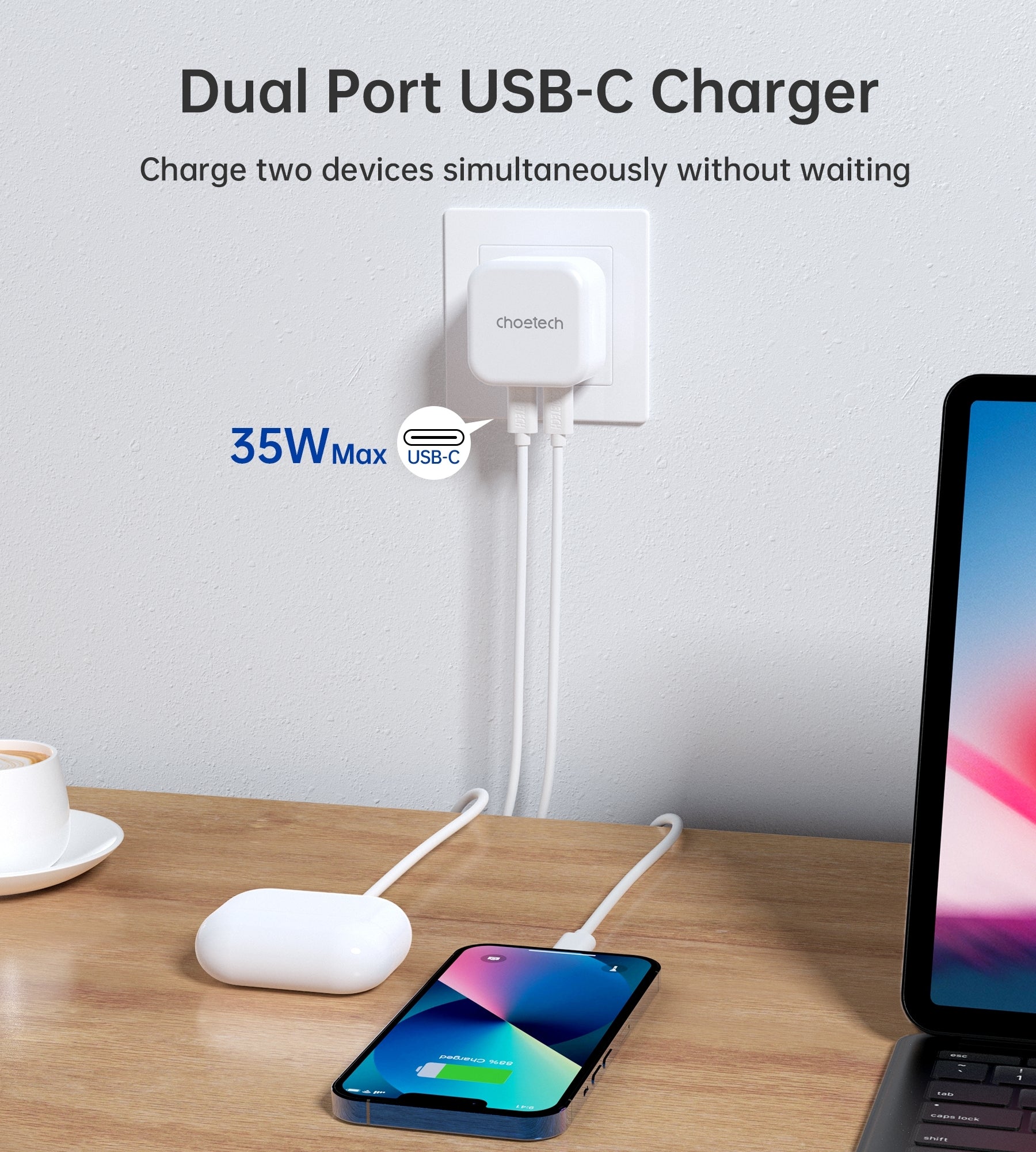 CHOETECH Q5008 PD 35W Dual USB-C Charger with two ports and compact design, ideal for travel.