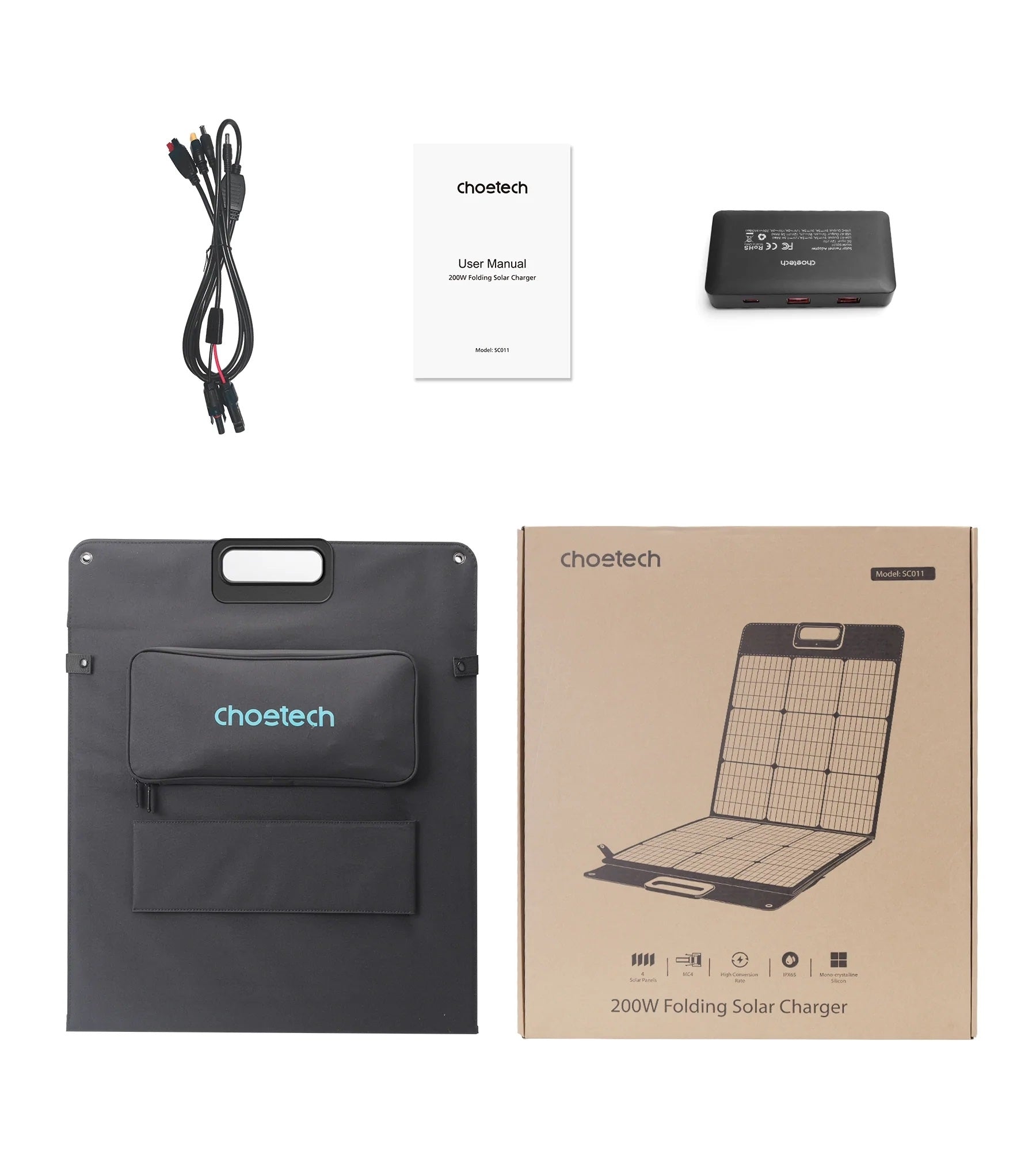 CHOETECH SC011 200W Foldable Solar Charger with multiple output ports and a compact design, ideal for outdoor use.