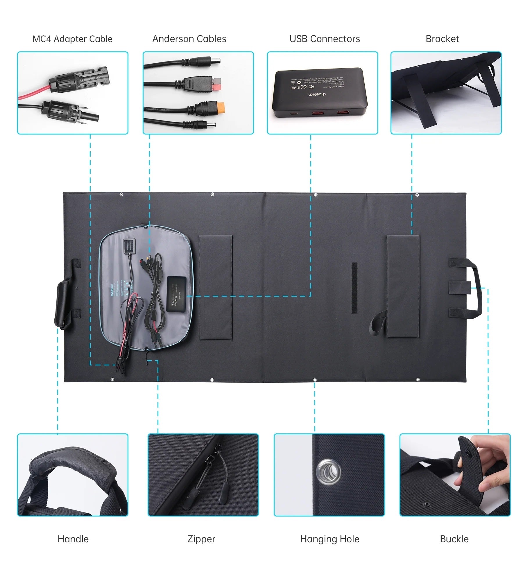 CHOETECH SC010 160W Foldable Solar Charger with built-in kickstand, showcasing its durable and waterproof design, ideal for outdoor use.