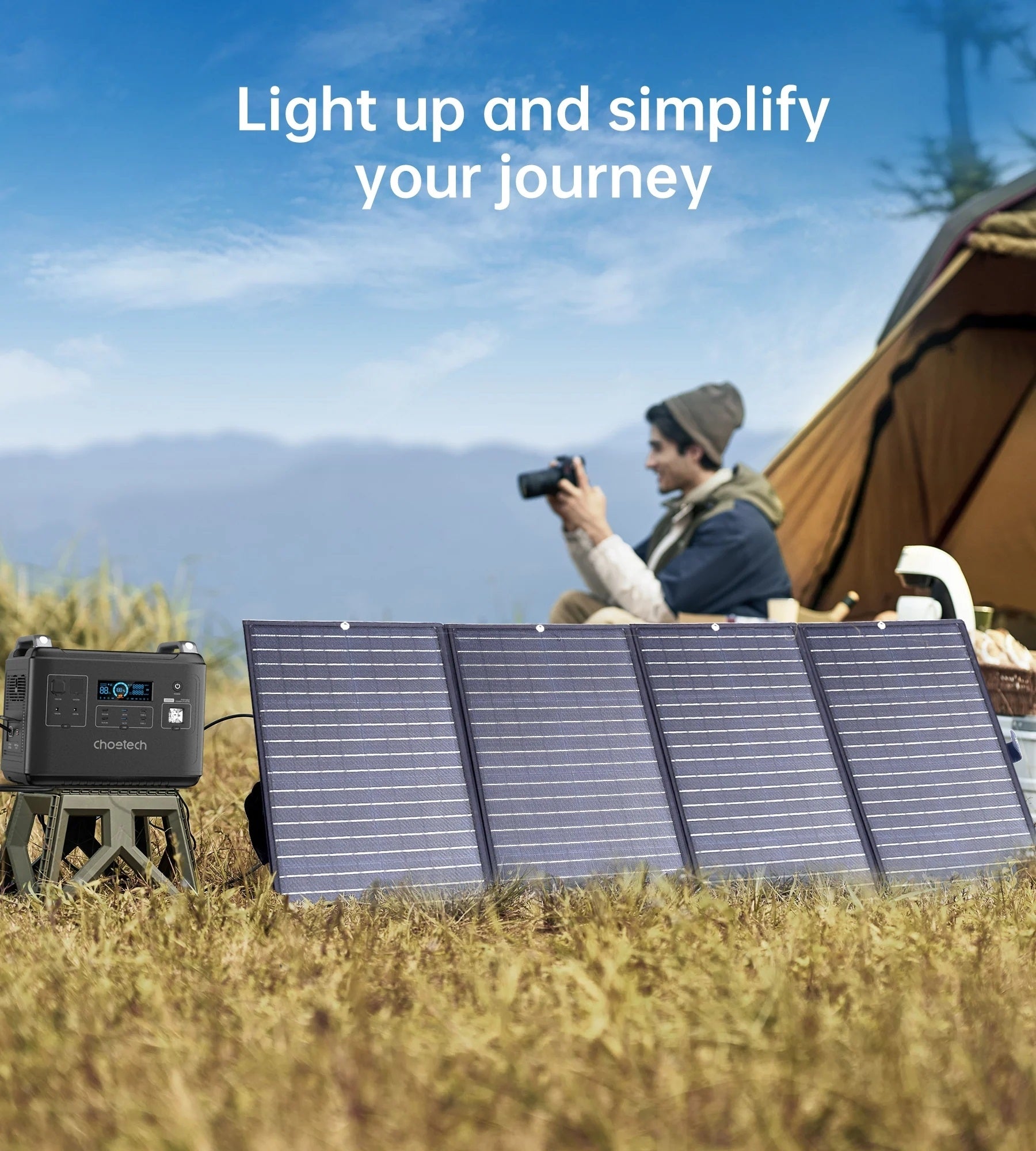 CHOETECH SC010 160W Foldable Solar Charger with built-in kickstand, showcasing its durable and waterproof design, ideal for outdoor use.